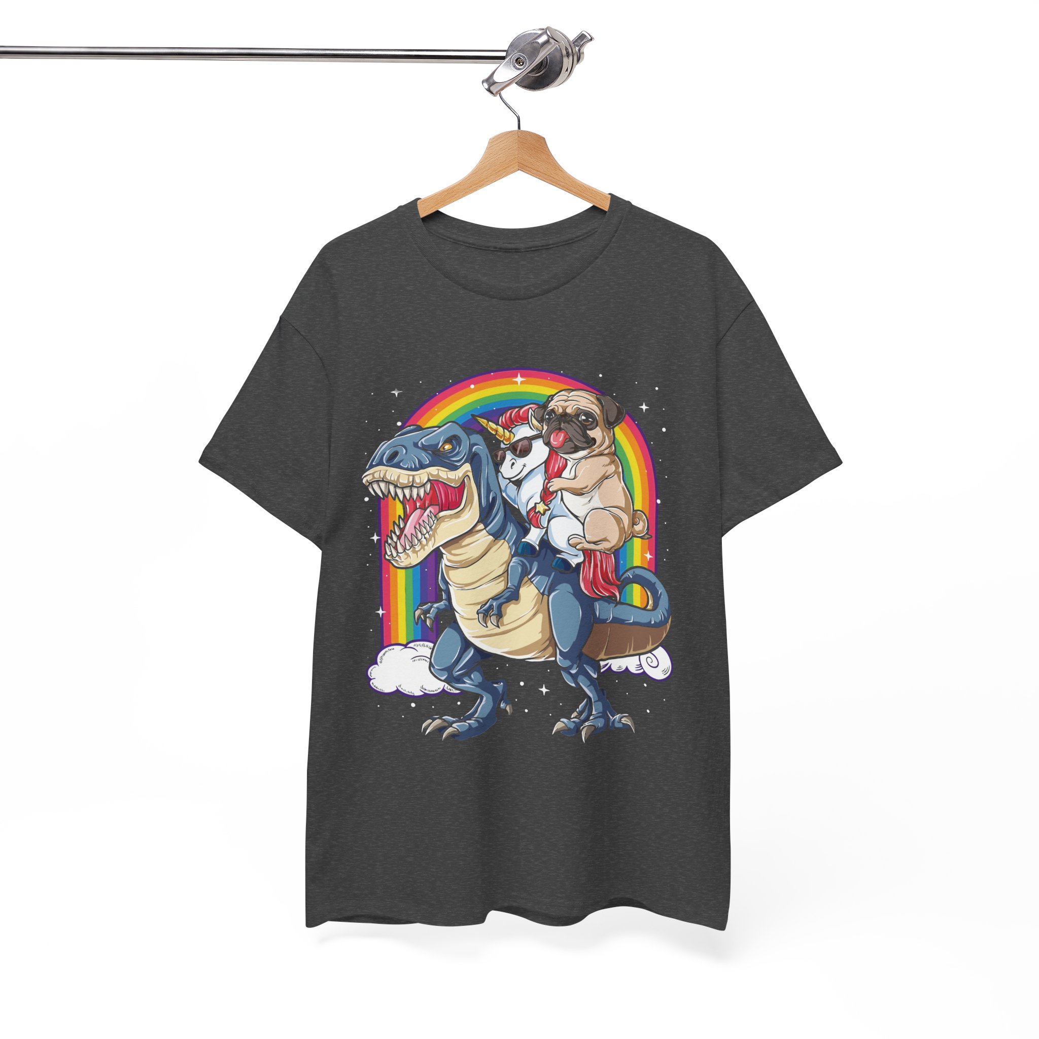 Pug Dog & Unicorn Riding A Dinosaur In The Rainbow T-Shirt - Image 6