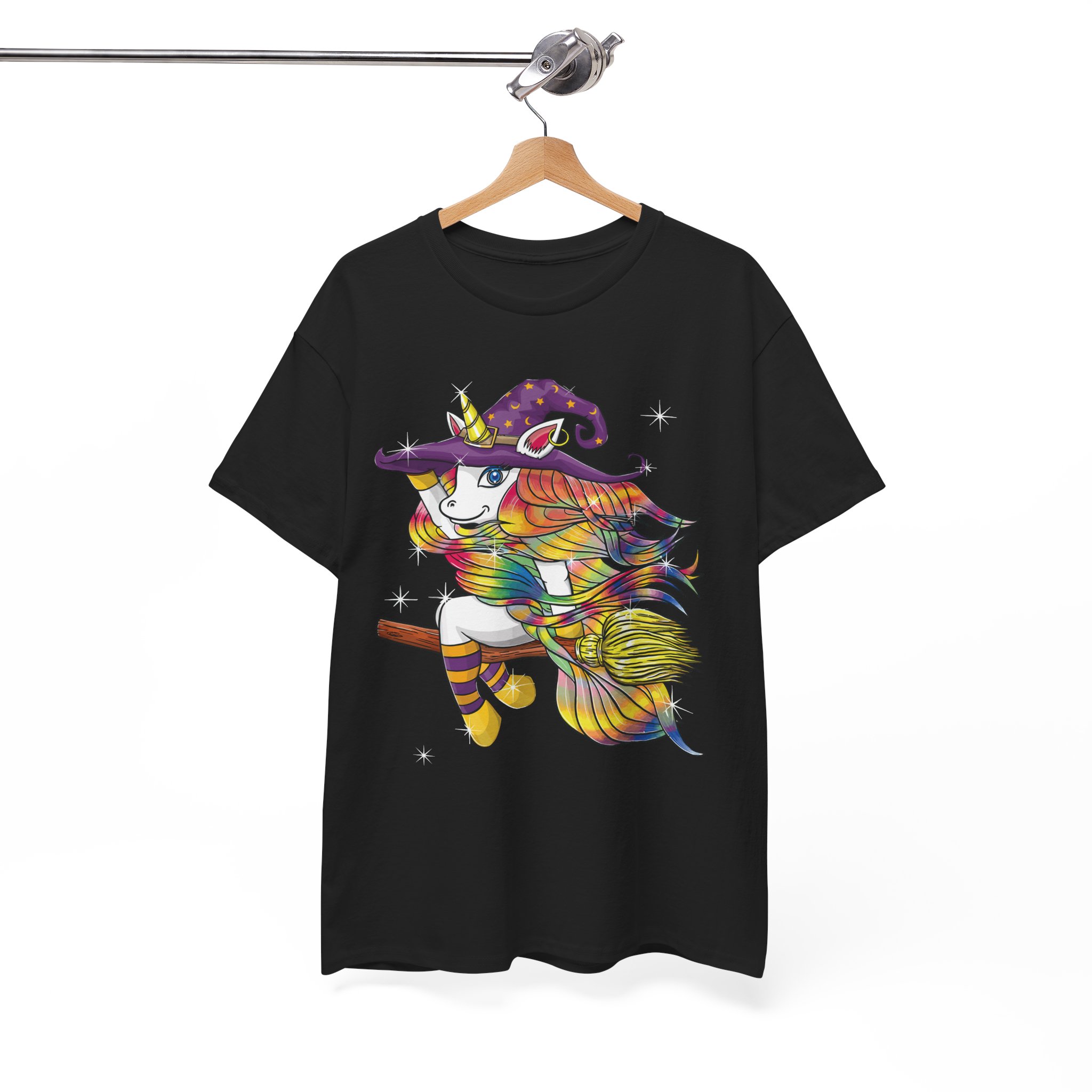 Witch Lady Unicorn Riding Broom Halloween Costume T-Shirt - Image 5