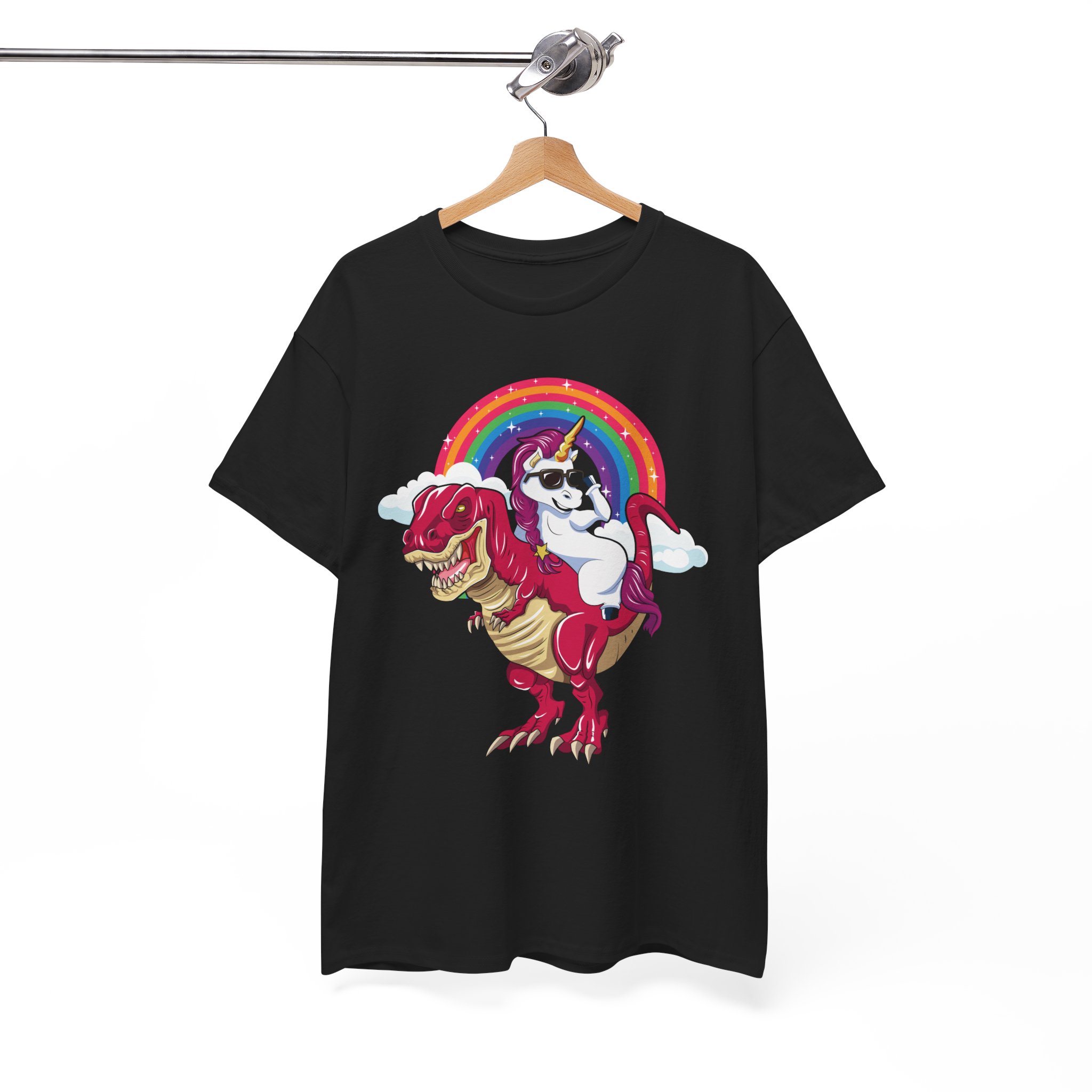 Unicorn Riding Dino T-Rex In the Rainbow T-Shirt - Image 2
