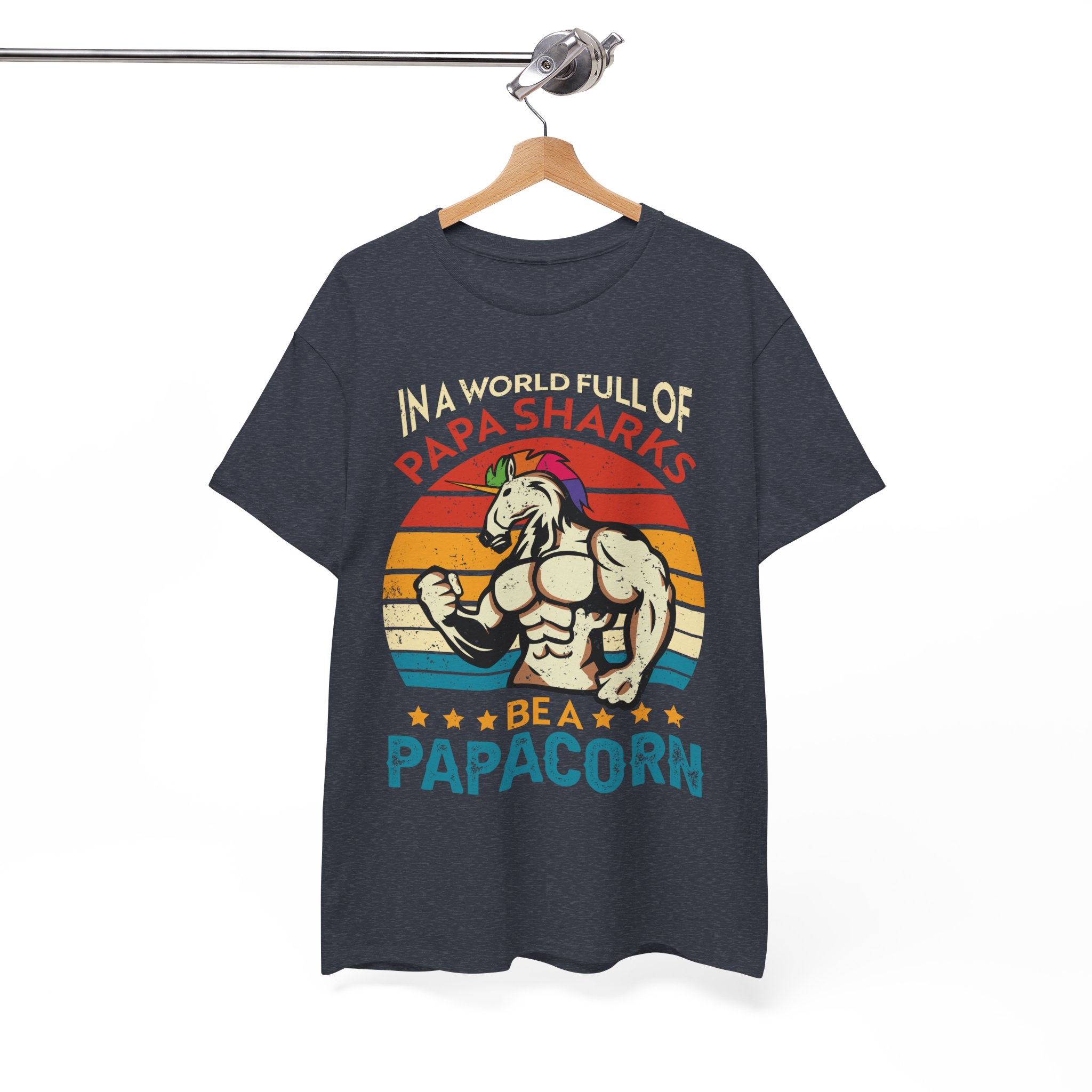 Papa Sharks Be a Papacorn Unicorn Fathers Day Retro T-Shirt - Image 7