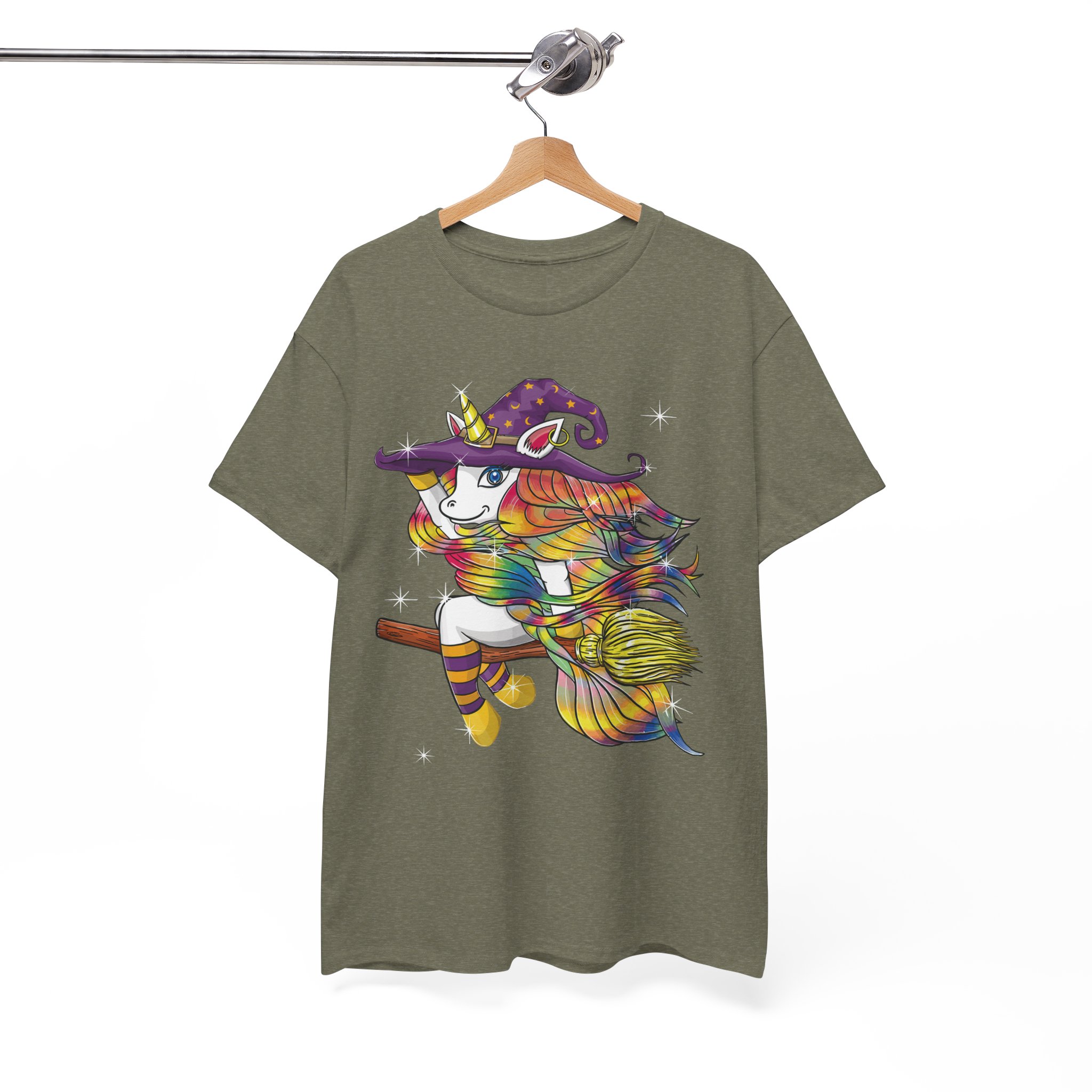 Witch Lady Unicorn Riding Broom Halloween Costume T-Shirt - Image 6