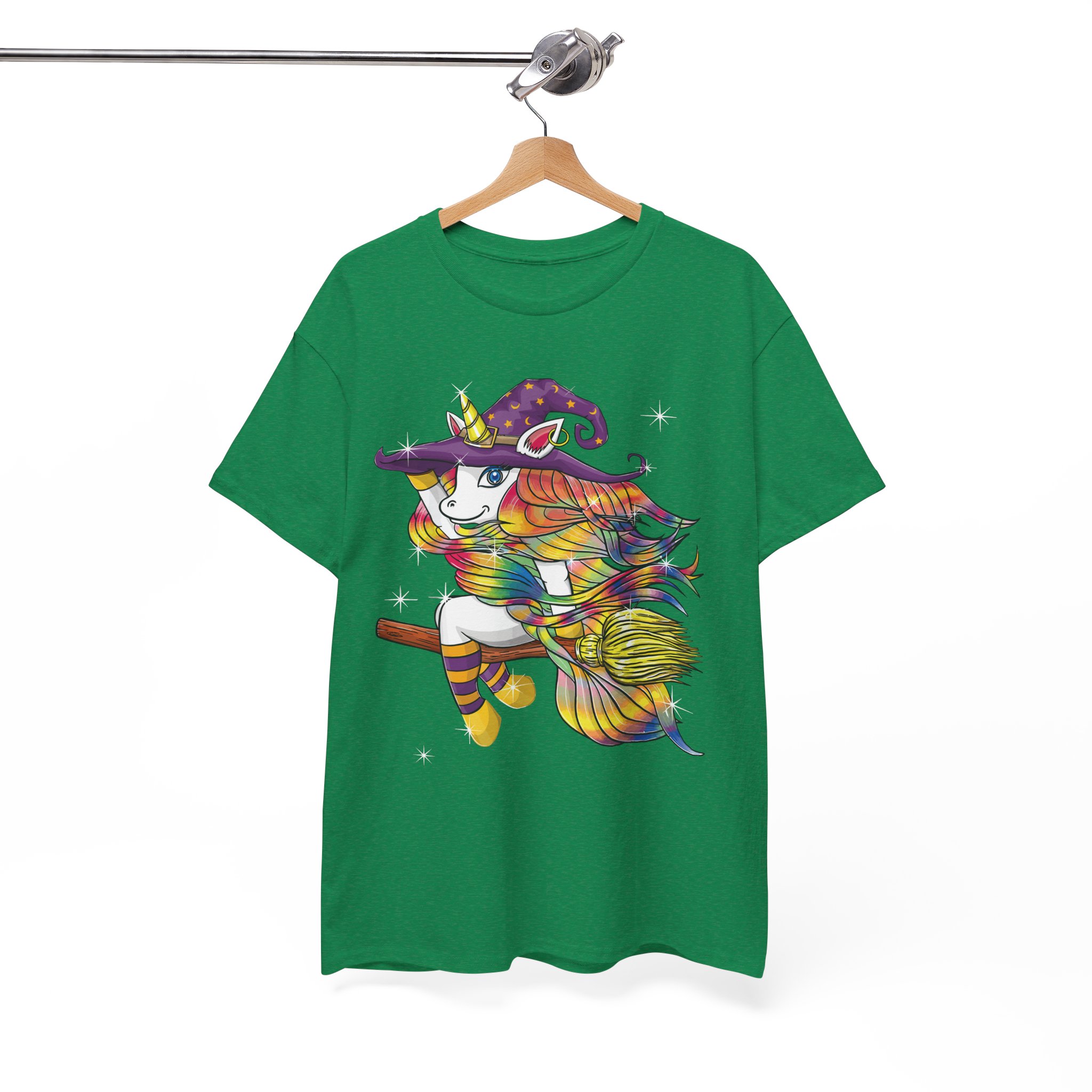 Witch Lady Unicorn Riding Broom Halloween Costume T-Shirt - Image 7