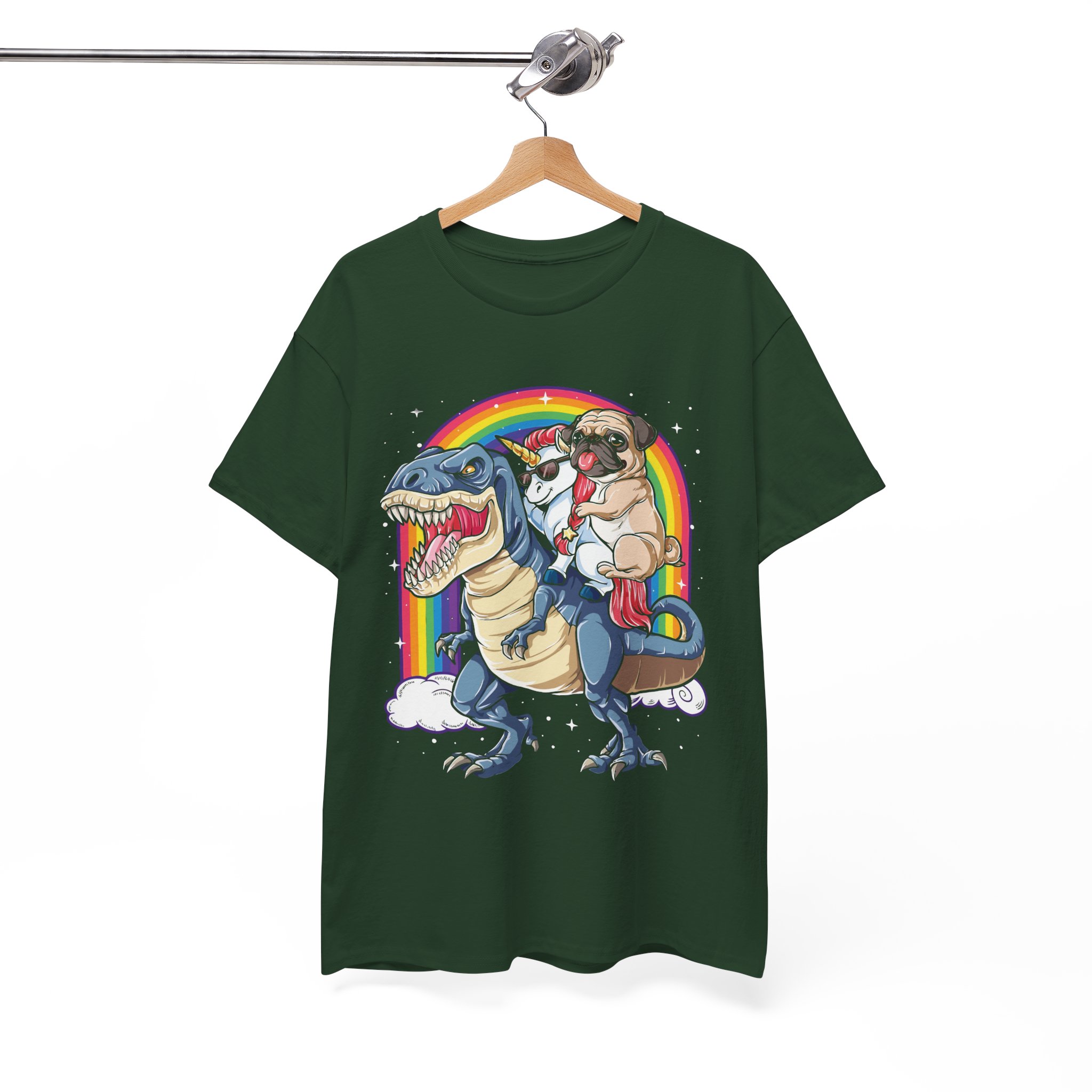 Pug Dog & Unicorn Riding A Dinosaur In The Rainbow T-Shirt - Image 4