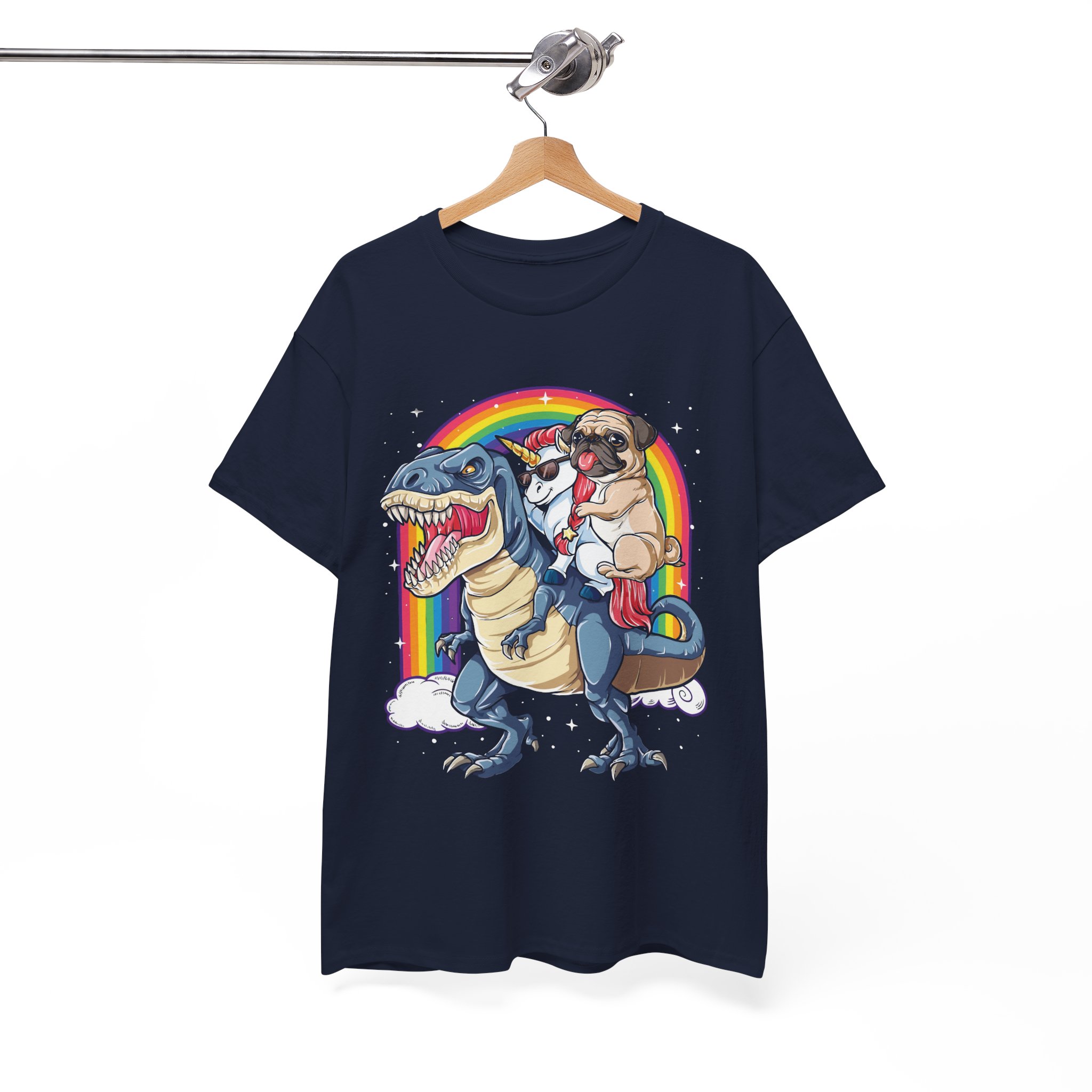 Pug Dog & Unicorn Riding A Dinosaur In The Rainbow T-Shirt - Image 7