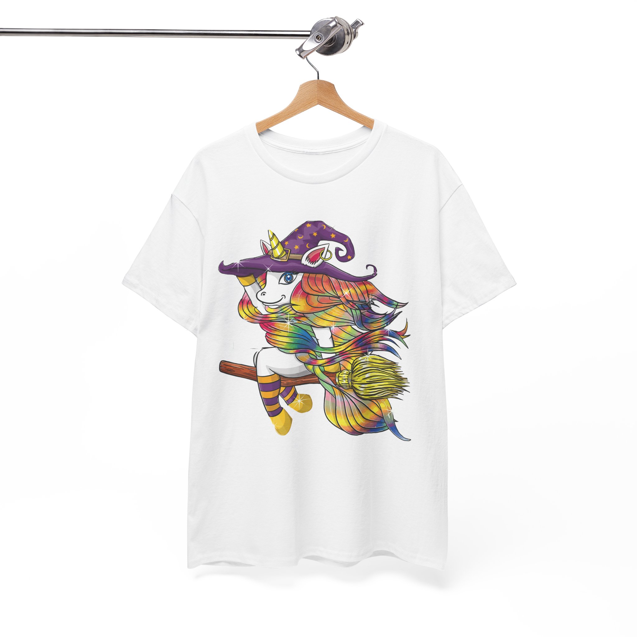 Witch Lady Unicorn Riding Broom Halloween Costume T-Shirt - Image 2