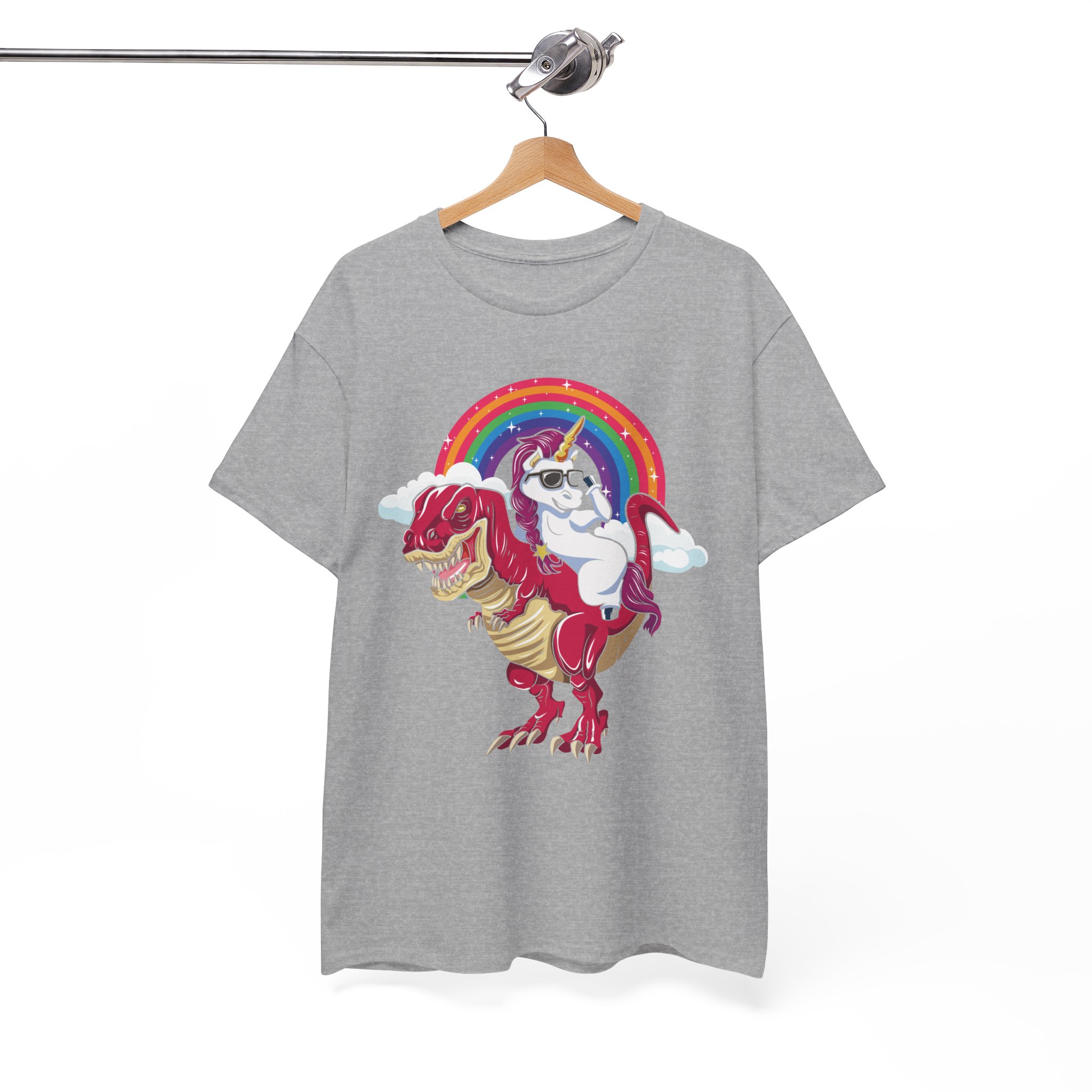 Unicorn Riding Dino T-Rex In the Rainbow T-Shirt - Image 3