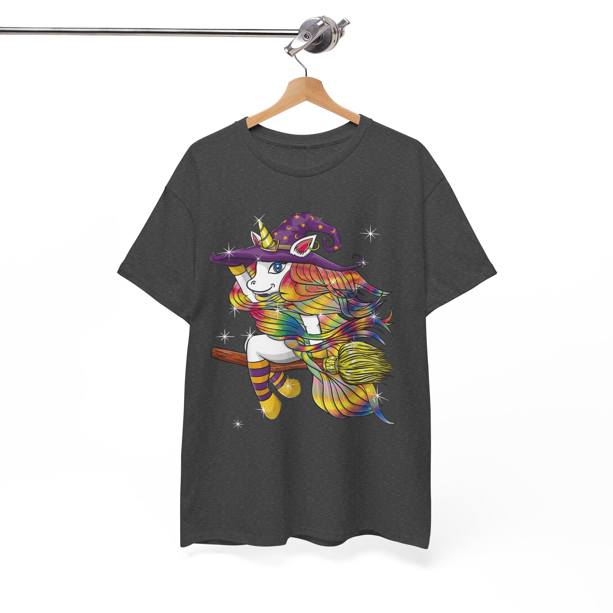 Witch Lady Unicorn Riding Broom Halloween Costume T-Shirt