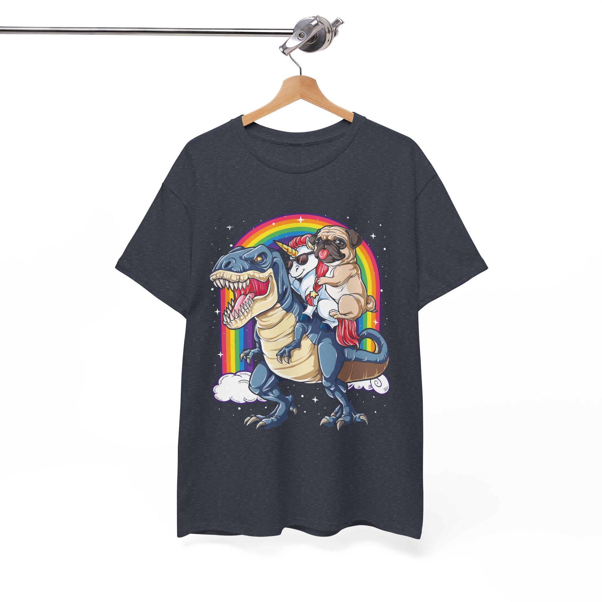 Pug Dog & Unicorn Riding A Dinosaur In The Rainbow T-Shirt