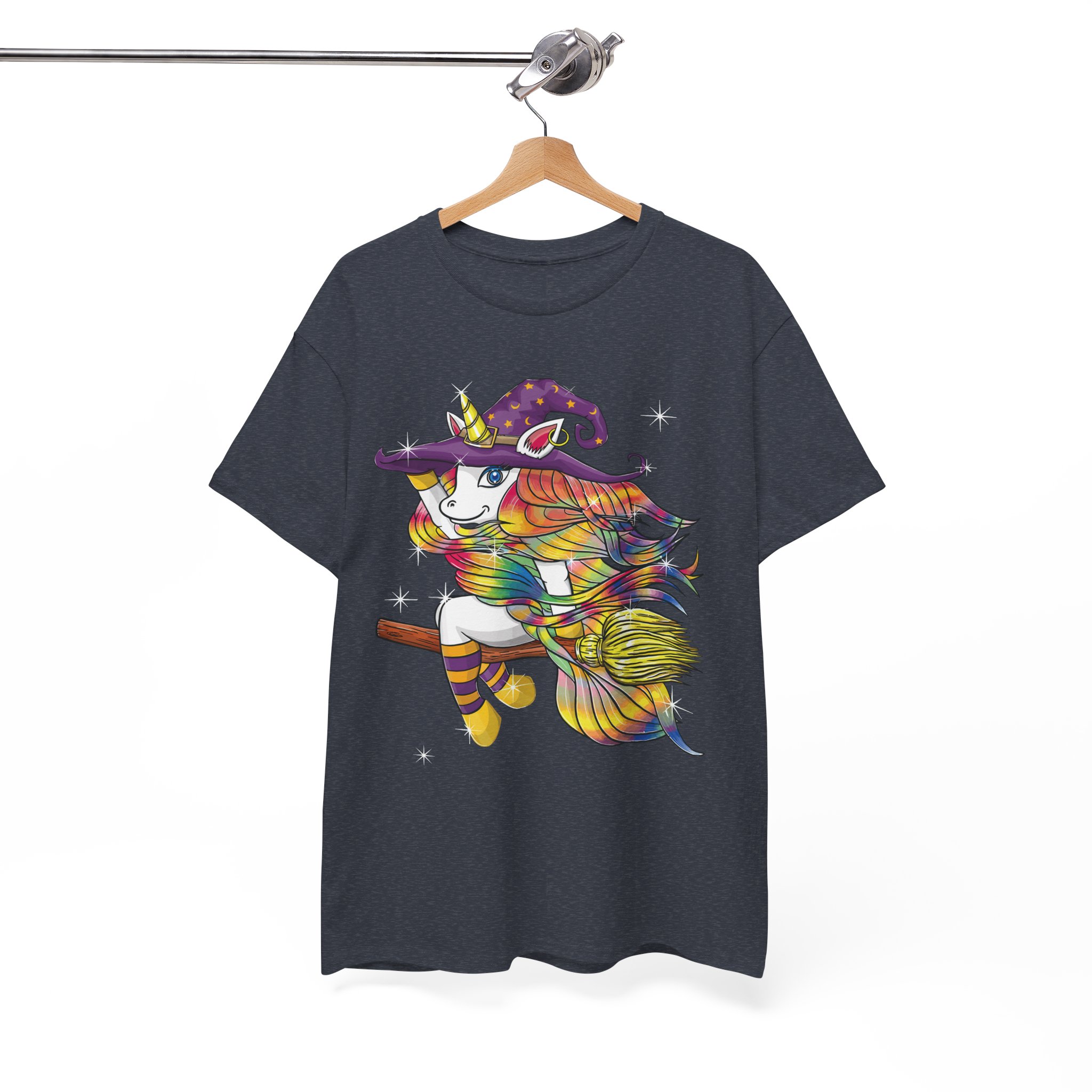Witch Lady Unicorn Riding Broom Halloween Costume T-Shirt - Image 11