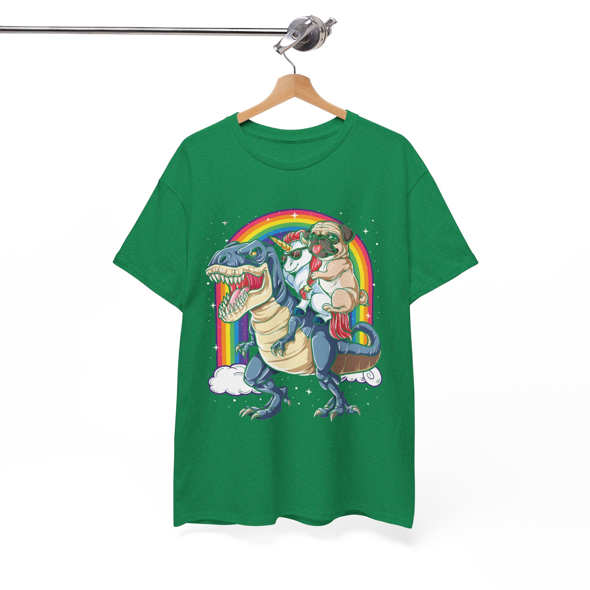 Pug Dog & Unicorn Riding A Dinosaur In The Rainbow T-Shirt - Image 5