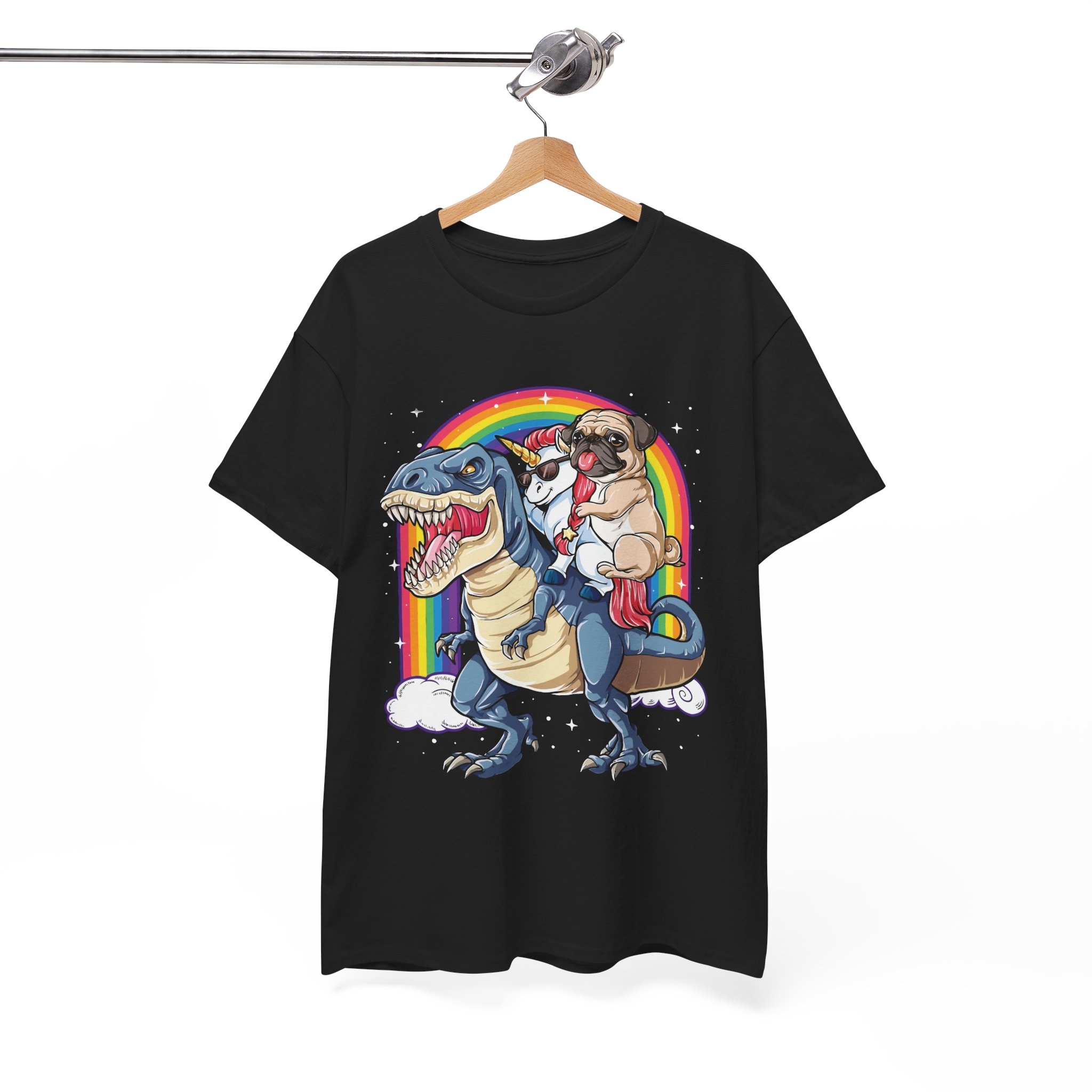 Pug Dog & Unicorn Riding A Dinosaur In The Rainbow T-Shirt - Image 2