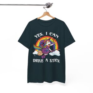 Cute Rainbow Unicorn Witch “Yes, I Can Drive a Stick” Funny Halloween Tee