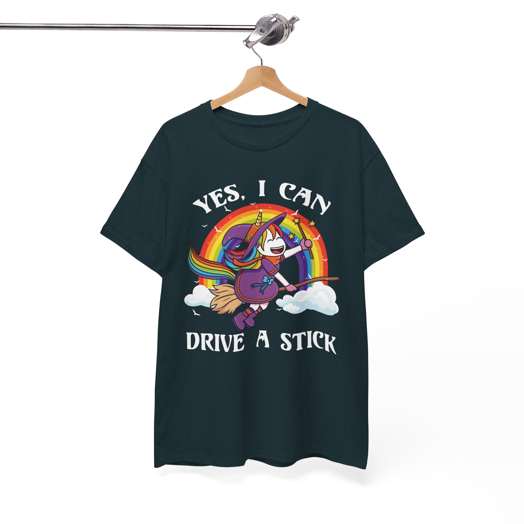 Cute Rainbow Unicorn Witch “Yes, I Can Drive a Stick” Funny Halloween Tee