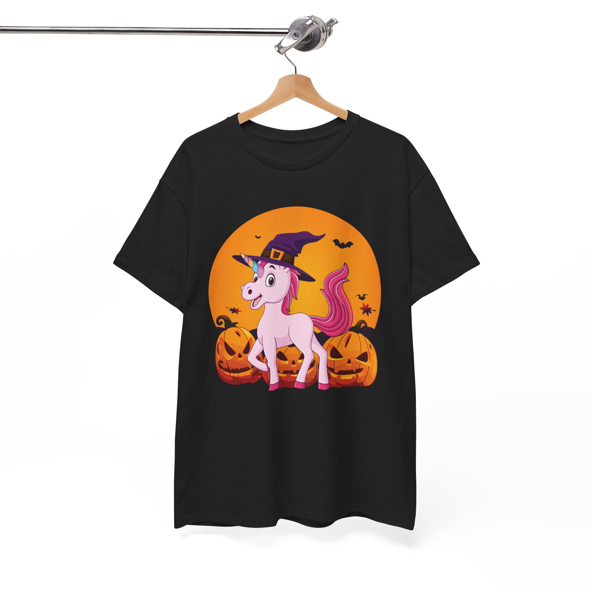 Halloween Unicorn T-Shirt - Cute Witch Hat Unicorn with Pumpkins Tee - Image 2