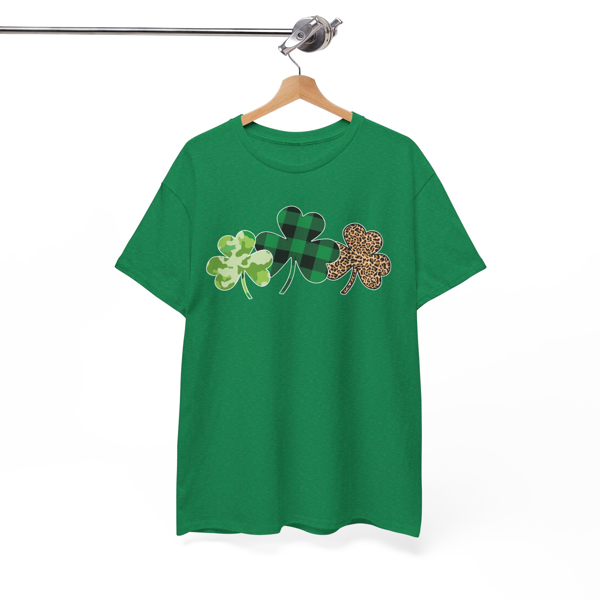 St. Patrick's Day Shamrock Trio Tee - Green Plaid & Glitter Clover T-Shirt - Image 7