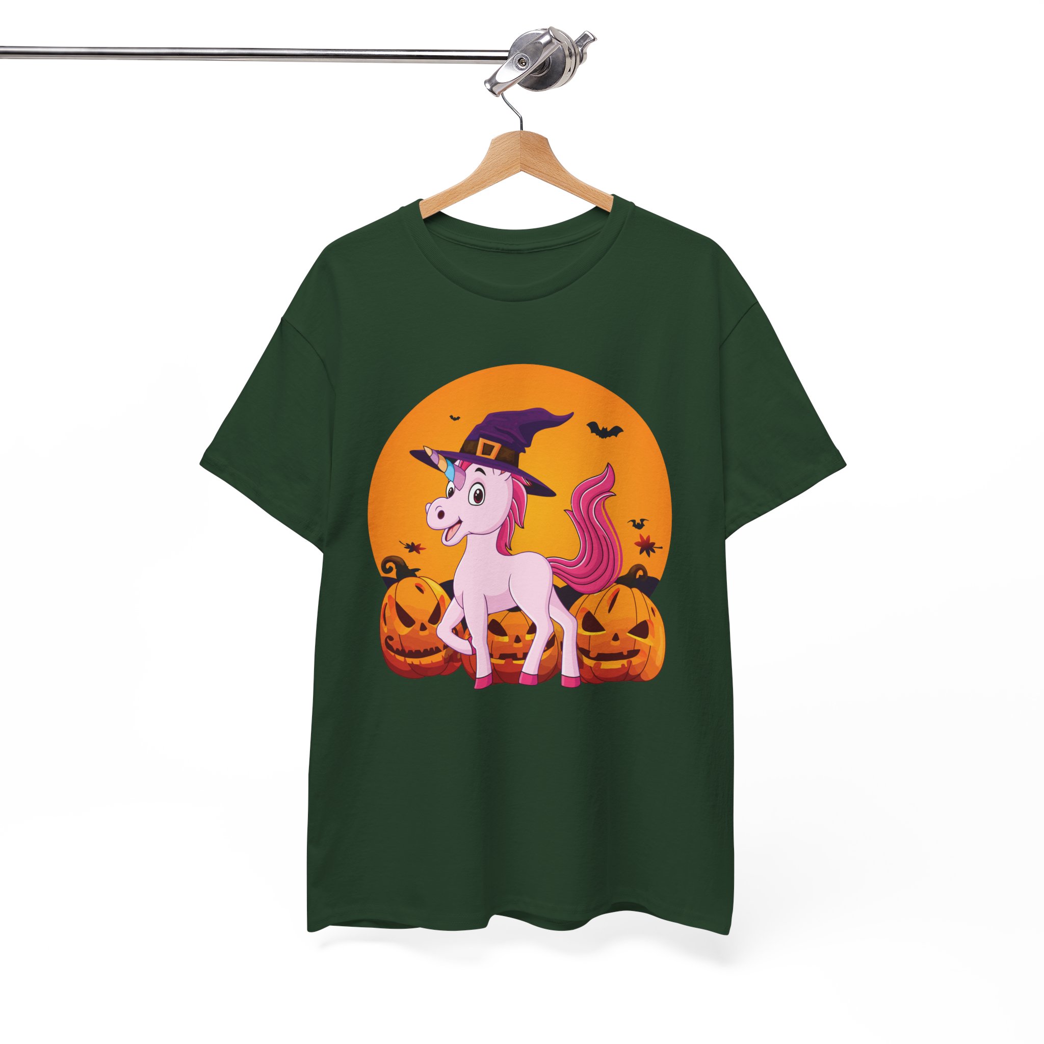 Halloween Unicorn T-Shirt - Cute Witch Hat Unicorn with Pumpkins Tee - Image 3