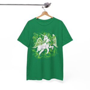 Pegasus Fantasy T-Shirt - White Winged Unicorn with Green Smoke Graphic