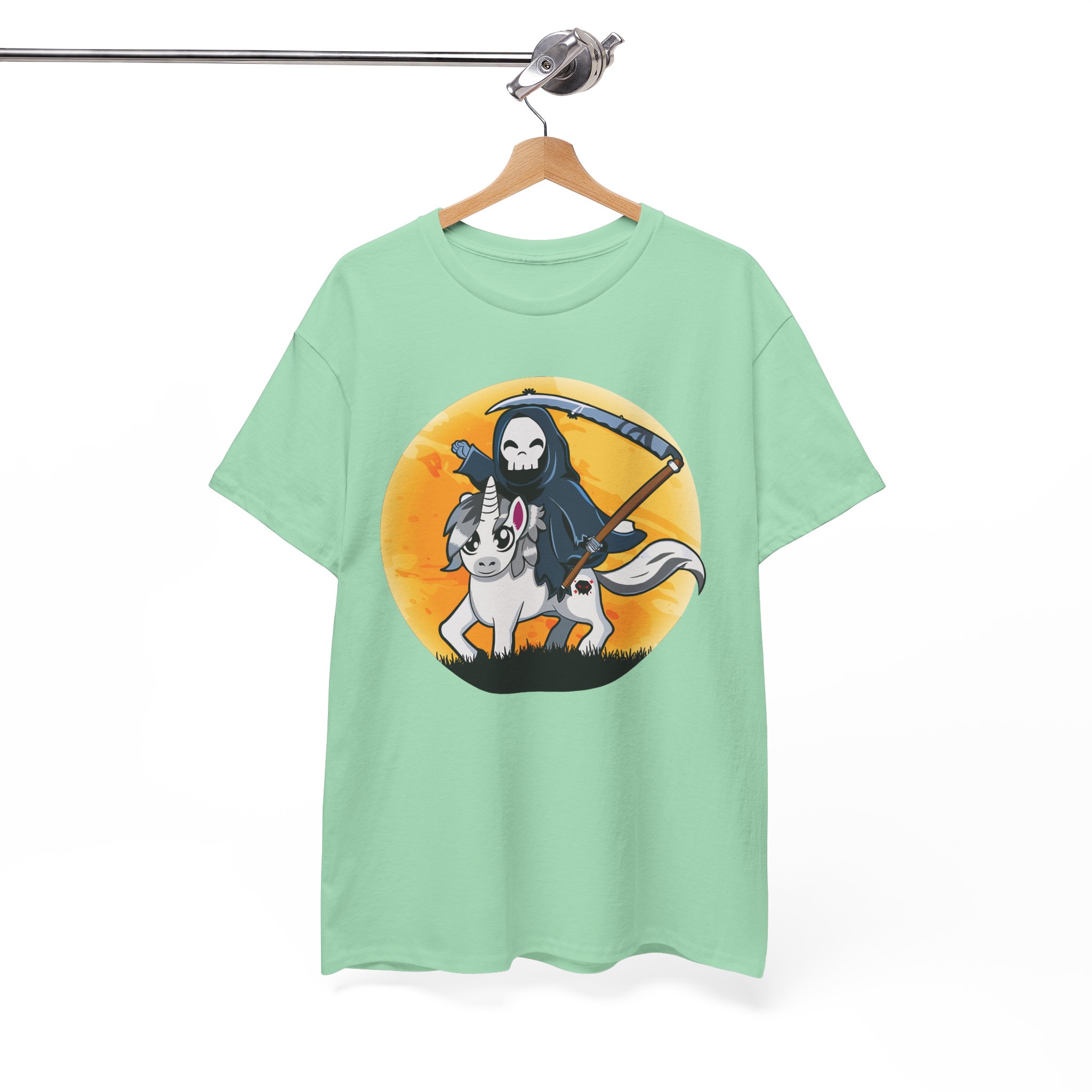 Grim Reaper Riding Unicorn T-Shirt - Cute Dark Fantasy Halloween Tee - Image 4
