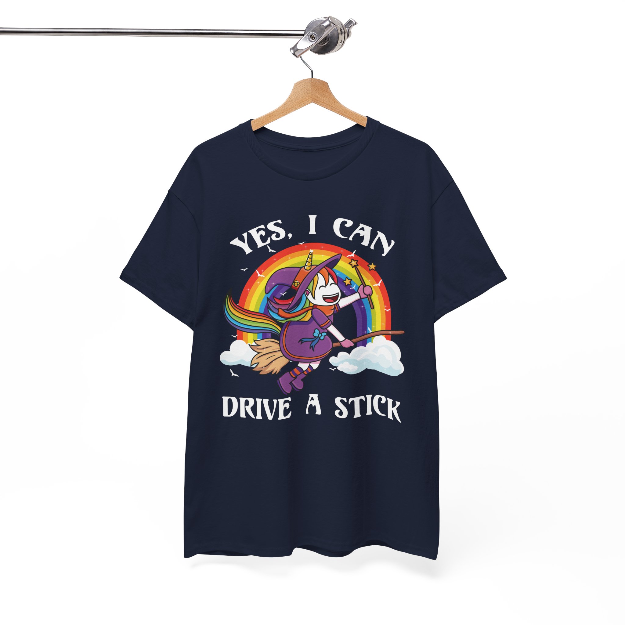 Cute Rainbow Unicorn Witch “Yes, I Can Drive a Stick” Funny Halloween Tee - Image 10