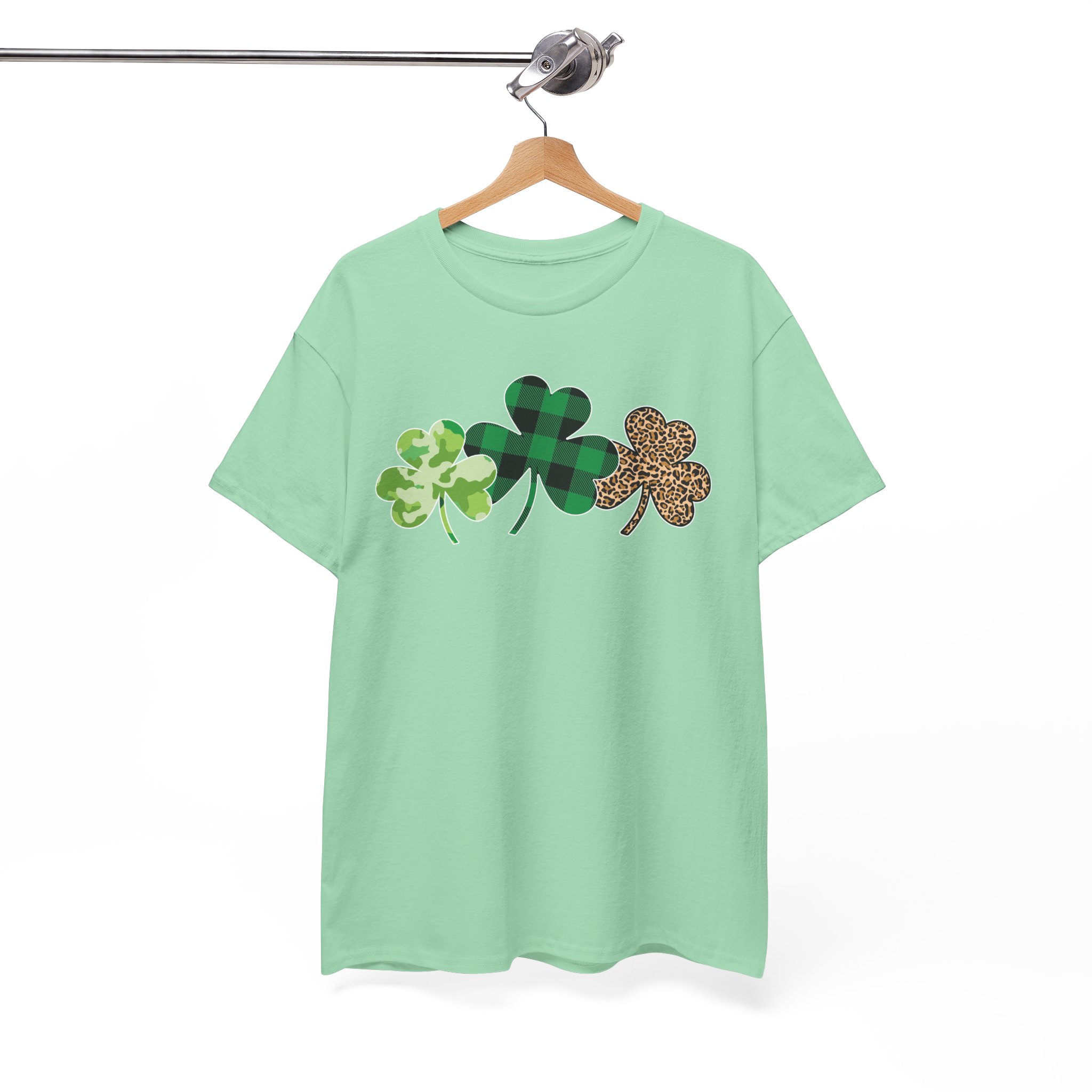 St. Patrick's Day Shamrock Trio Tee - Green Plaid & Glitter Clover T-Shirt