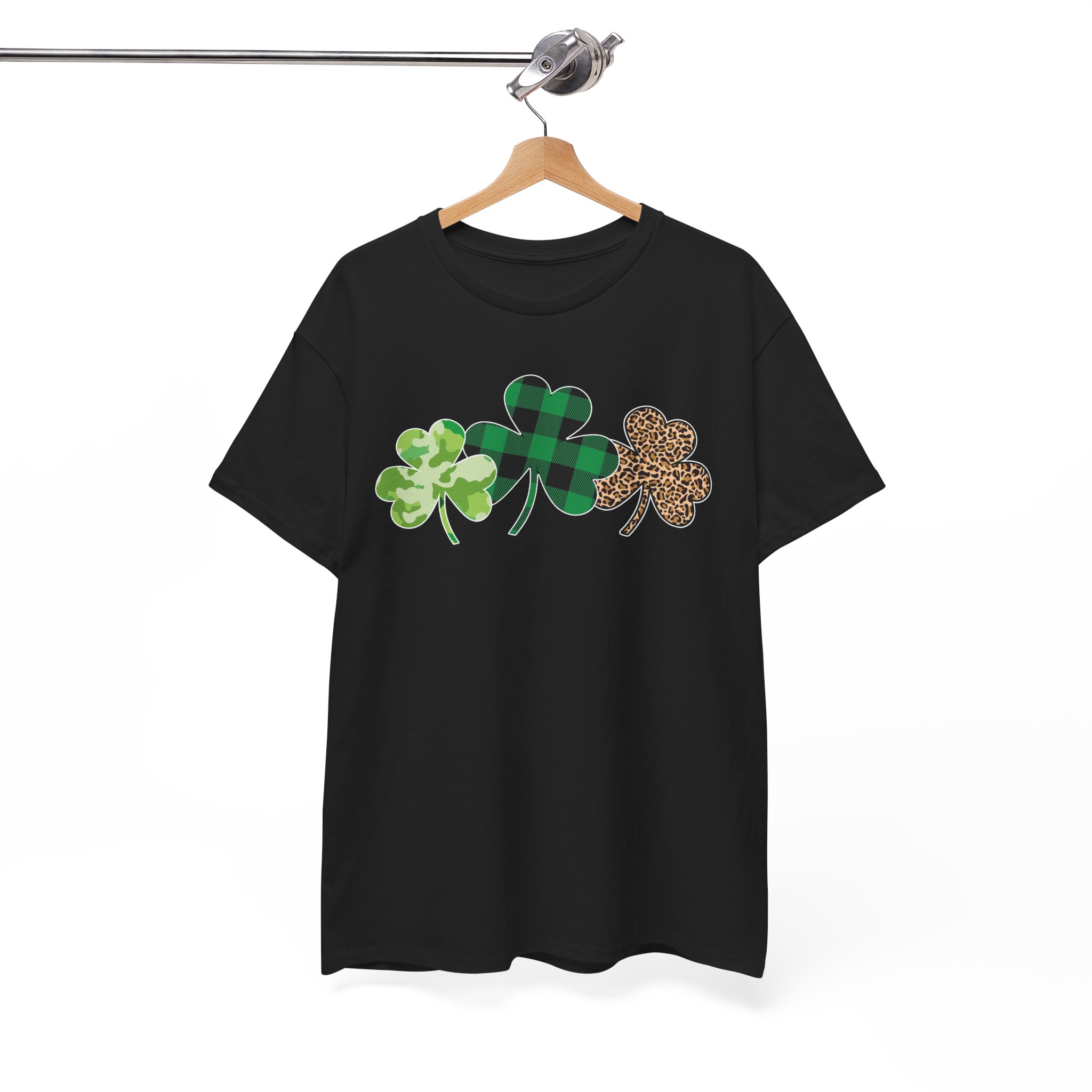 St. Patrick's Day Shamrock Trio Tee - Green Plaid & Glitter Clover T-Shirt - Image 5