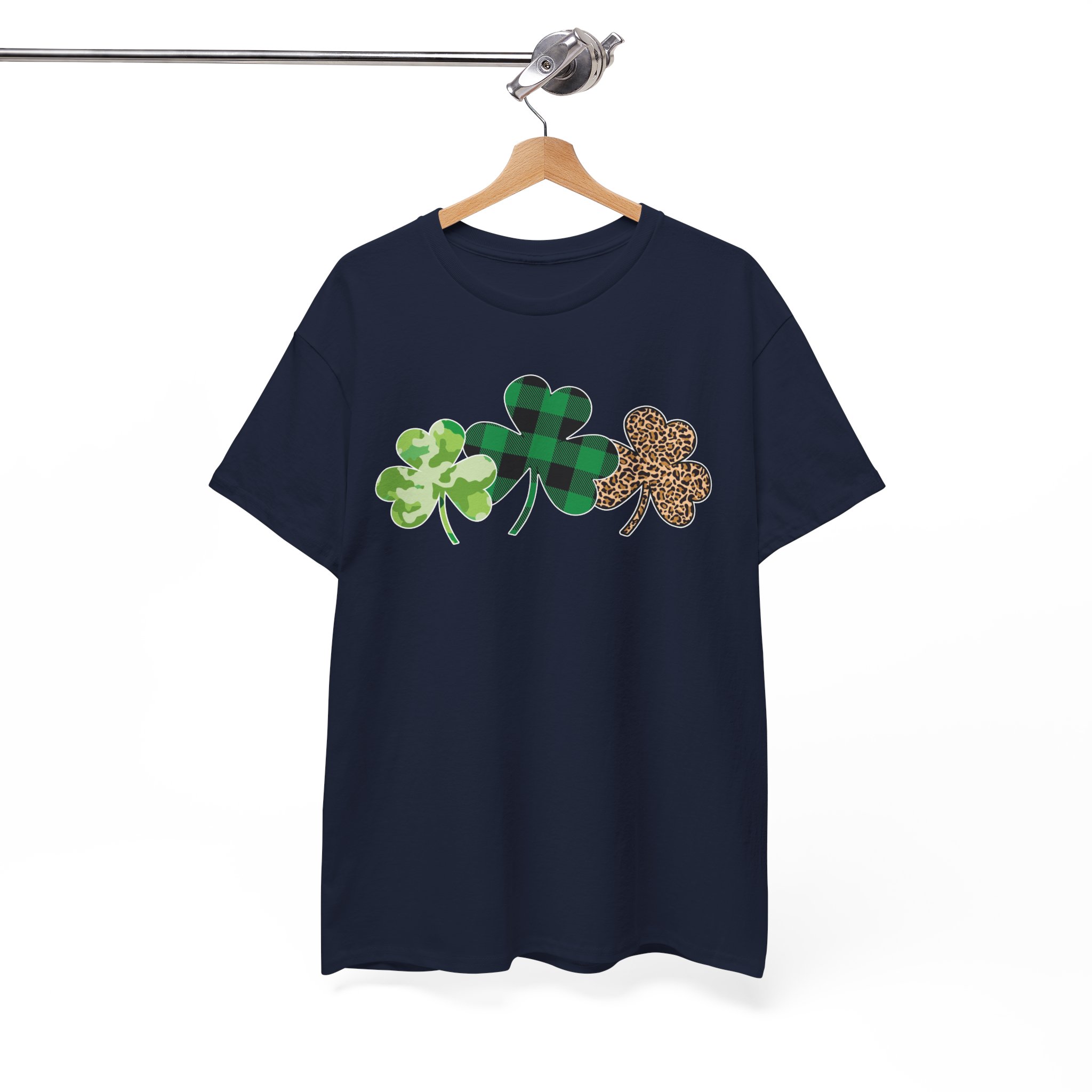 St. Patrick's Day Shamrock Trio Tee - Green Plaid & Glitter Clover T-Shirt - Image 11