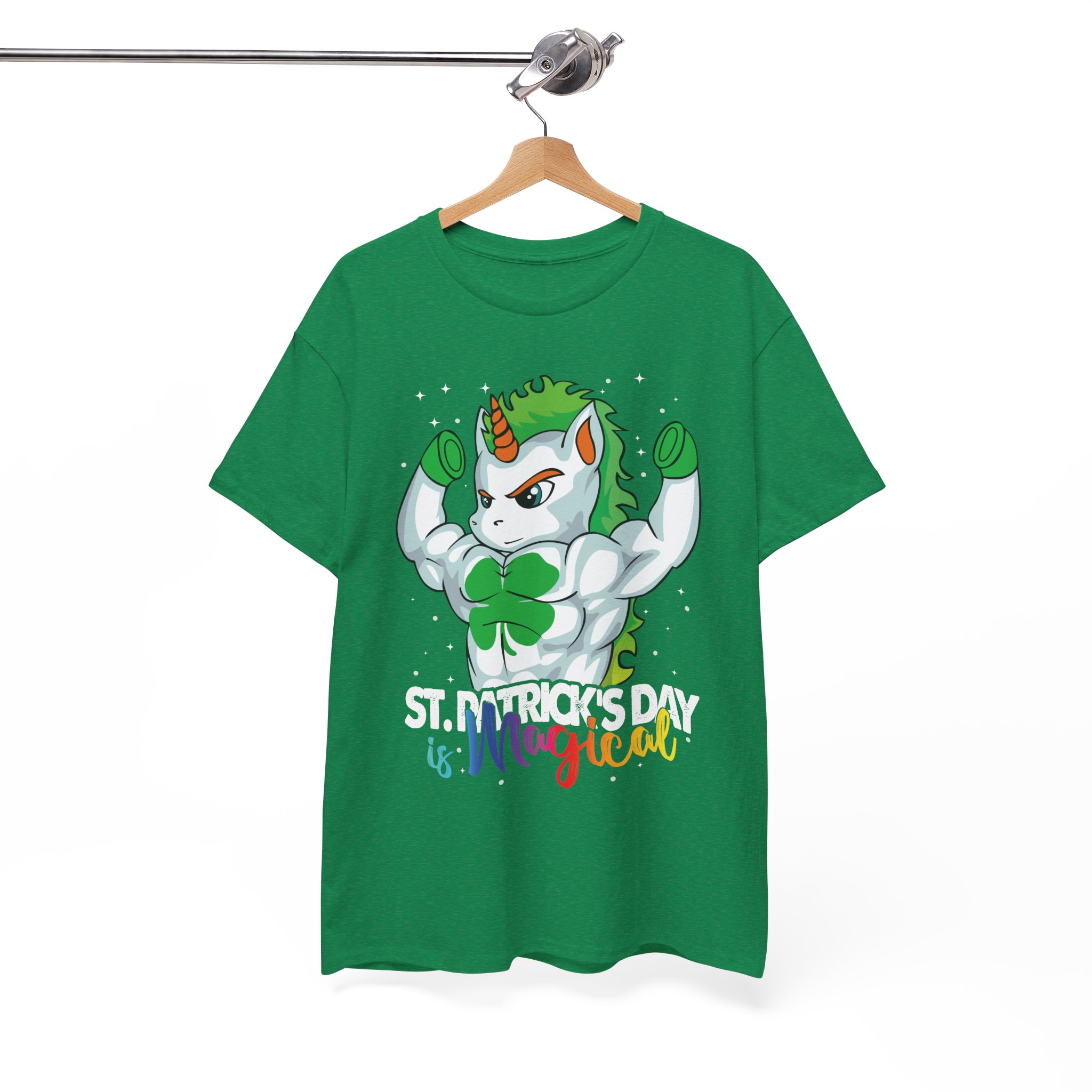 St. Patrick's Day Magical Unicorn T-Shirt - Strong Unicorn with Shamrock Design