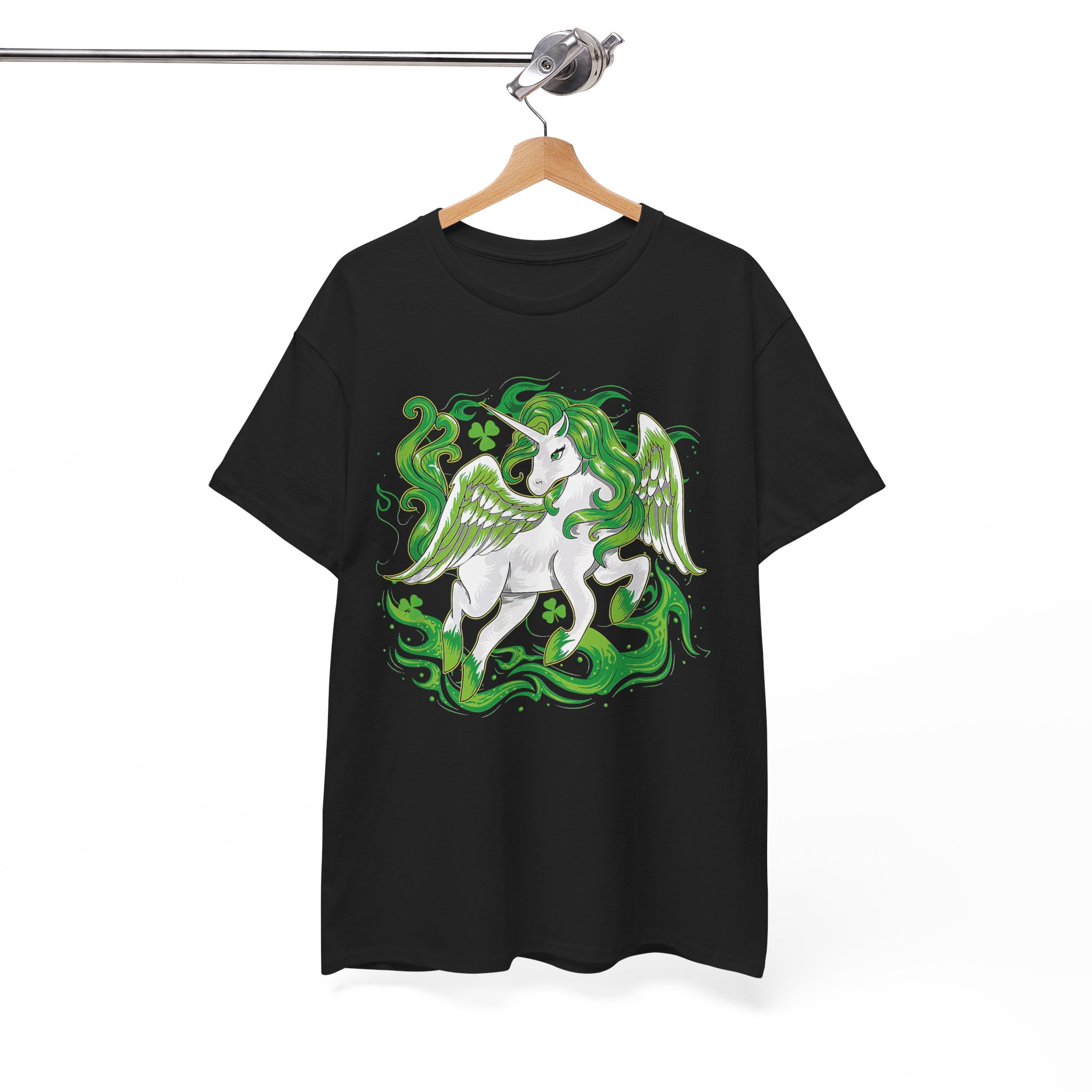 Pegasus Fantasy T-Shirt - White Winged Unicorn with Green Smoke Graphic - Image 3
