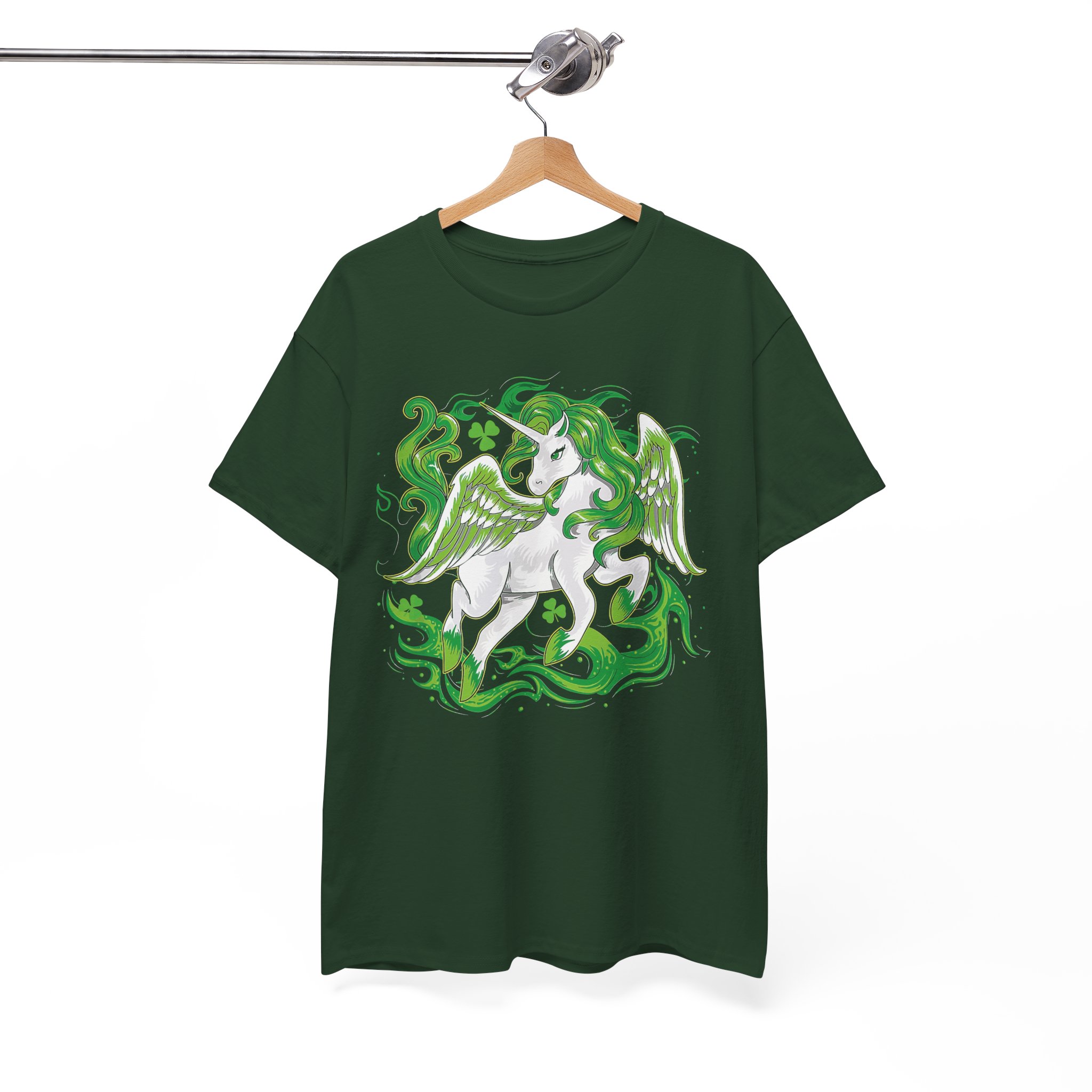 Pegasus Fantasy T-Shirt - White Winged Unicorn with Green Smoke Graphic - Image 4