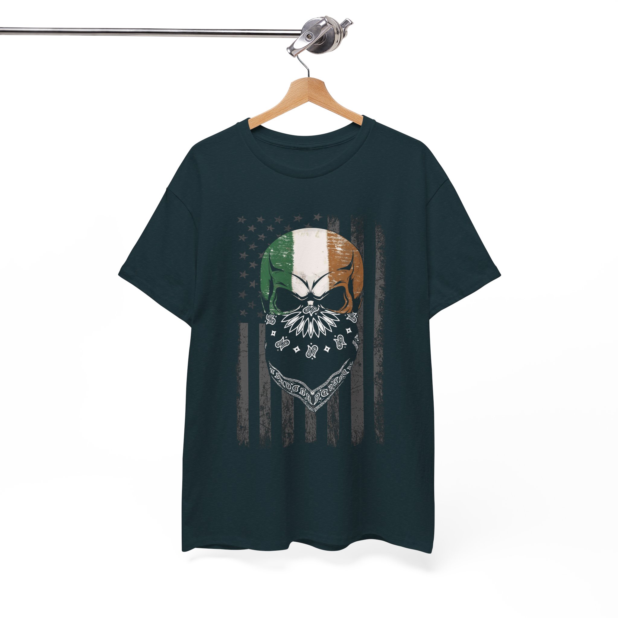 Irish Flag Skull Tee - Bandana Skull with Irish Tricolor and Distressed American Flag - Image 3