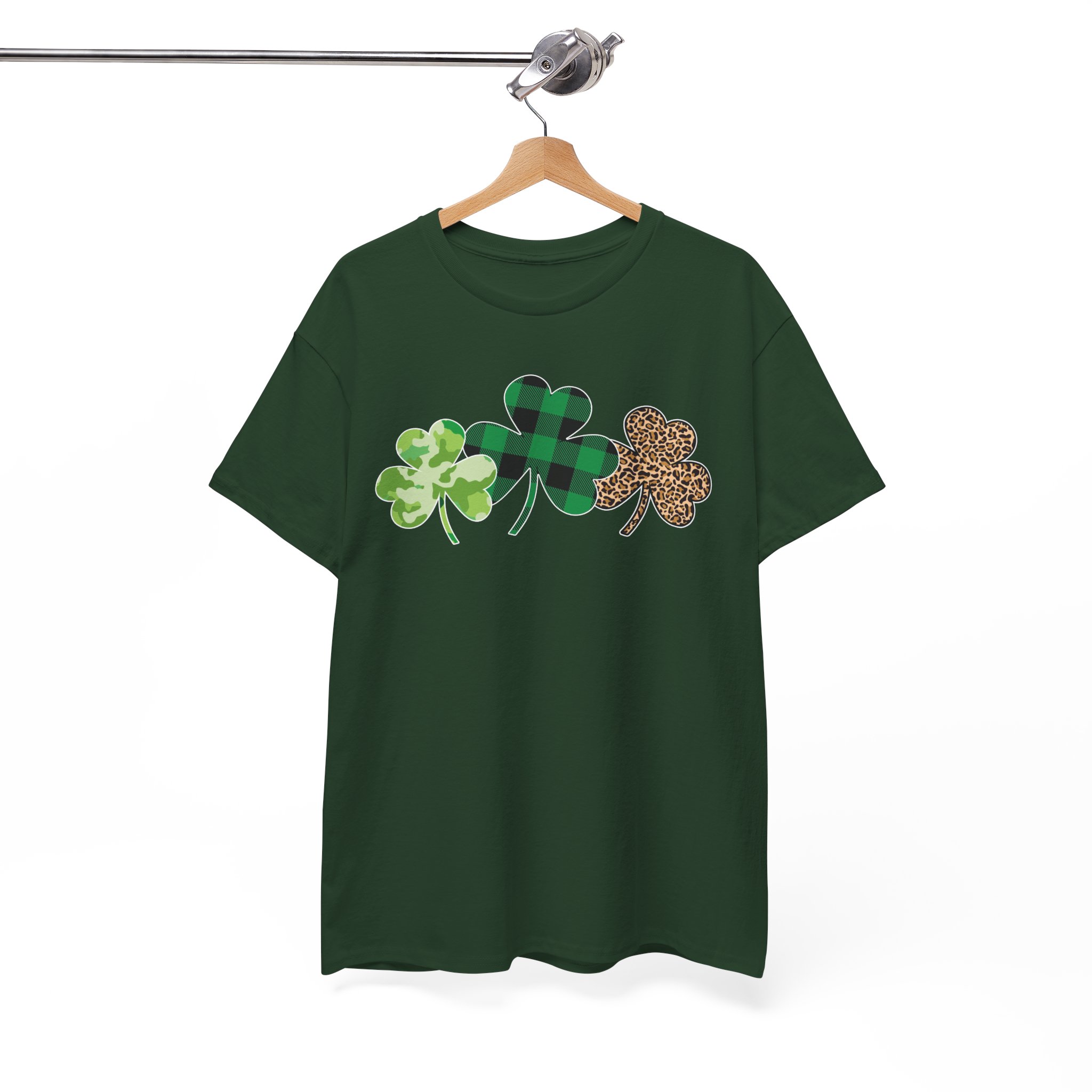 St. Patrick's Day Shamrock Trio Tee - Green Plaid & Glitter Clover T-Shirt - Image 6