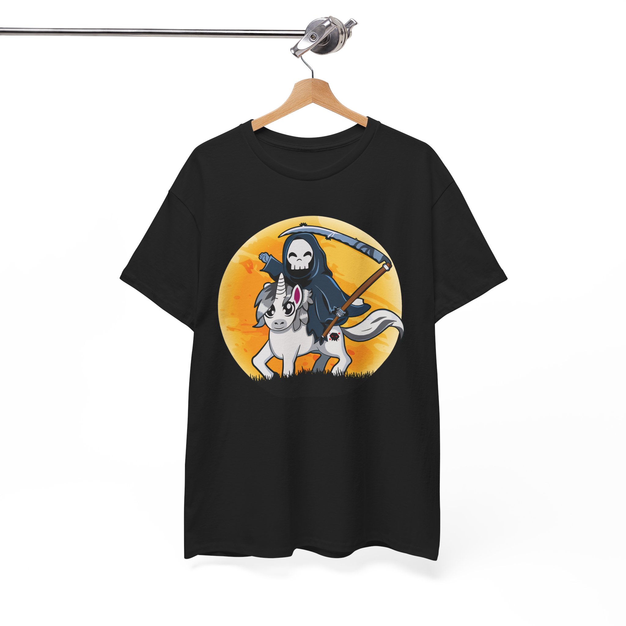 Grim Reaper Riding Unicorn T-Shirt - Cute Dark Fantasy Halloween Tee - Image 3