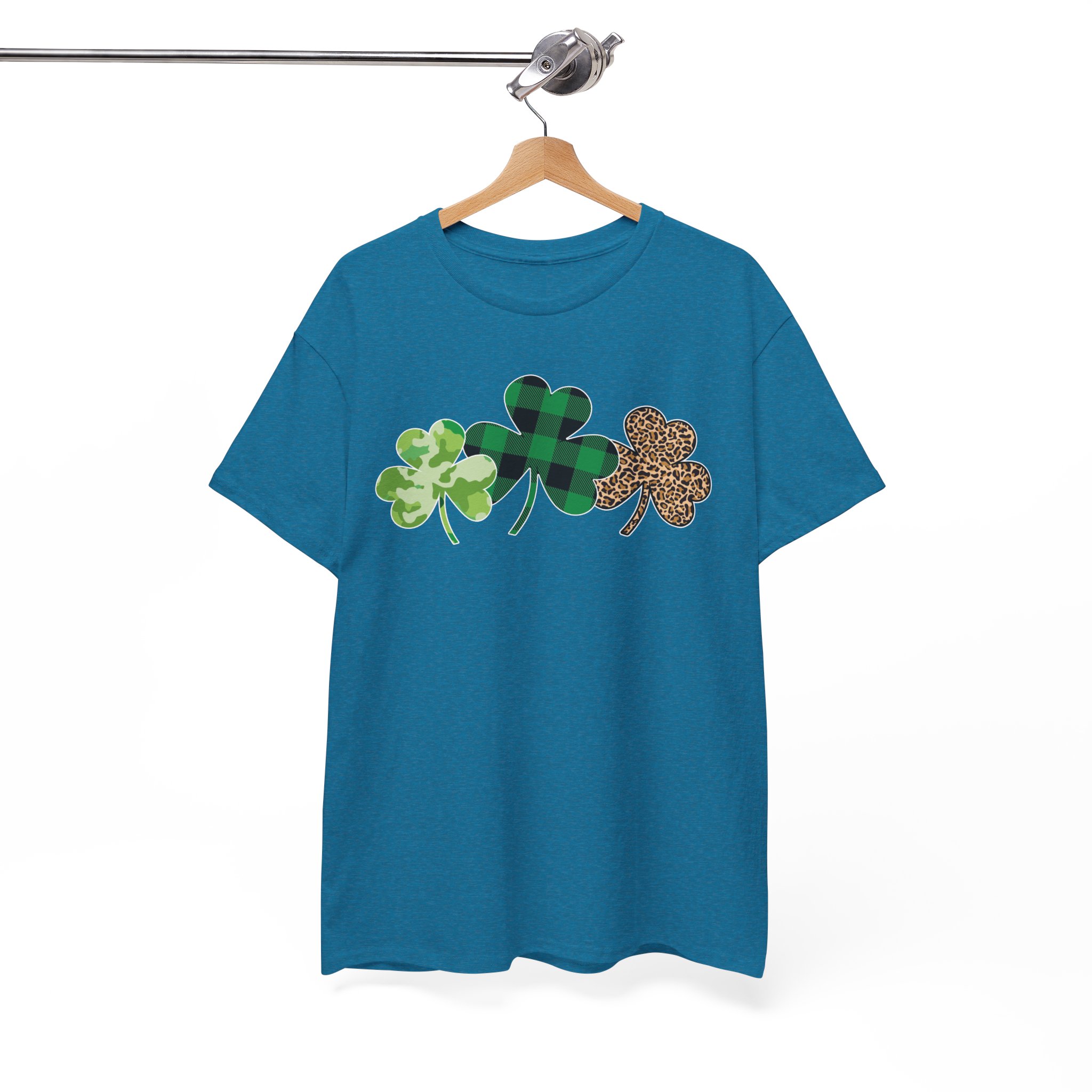 St. Patrick's Day Shamrock Trio Tee - Green Plaid & Glitter Clover T-Shirt - Image 9