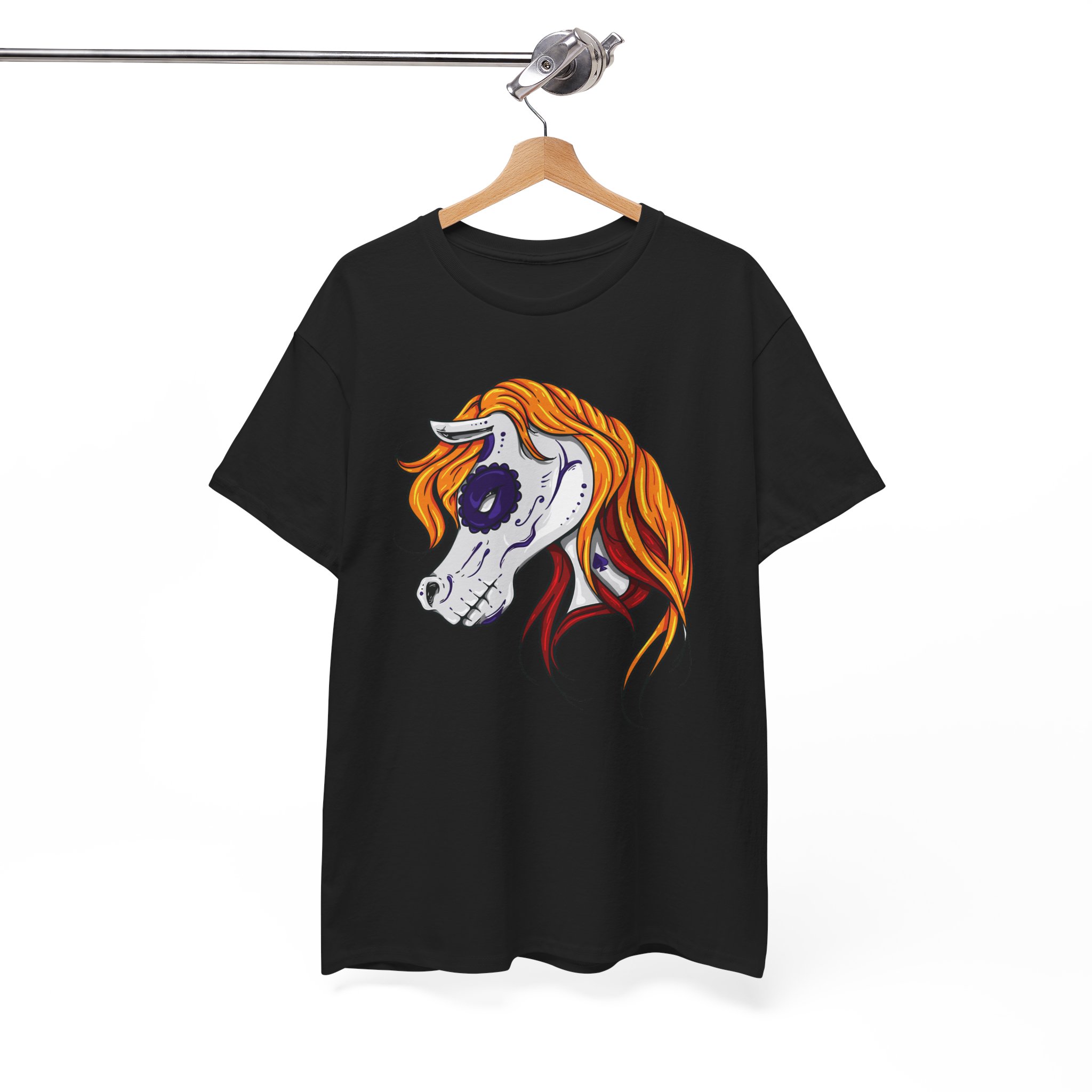 Horse Skull Art Tee - Orange Mane Skeleton Head Graphic T-Shirt - Image 3