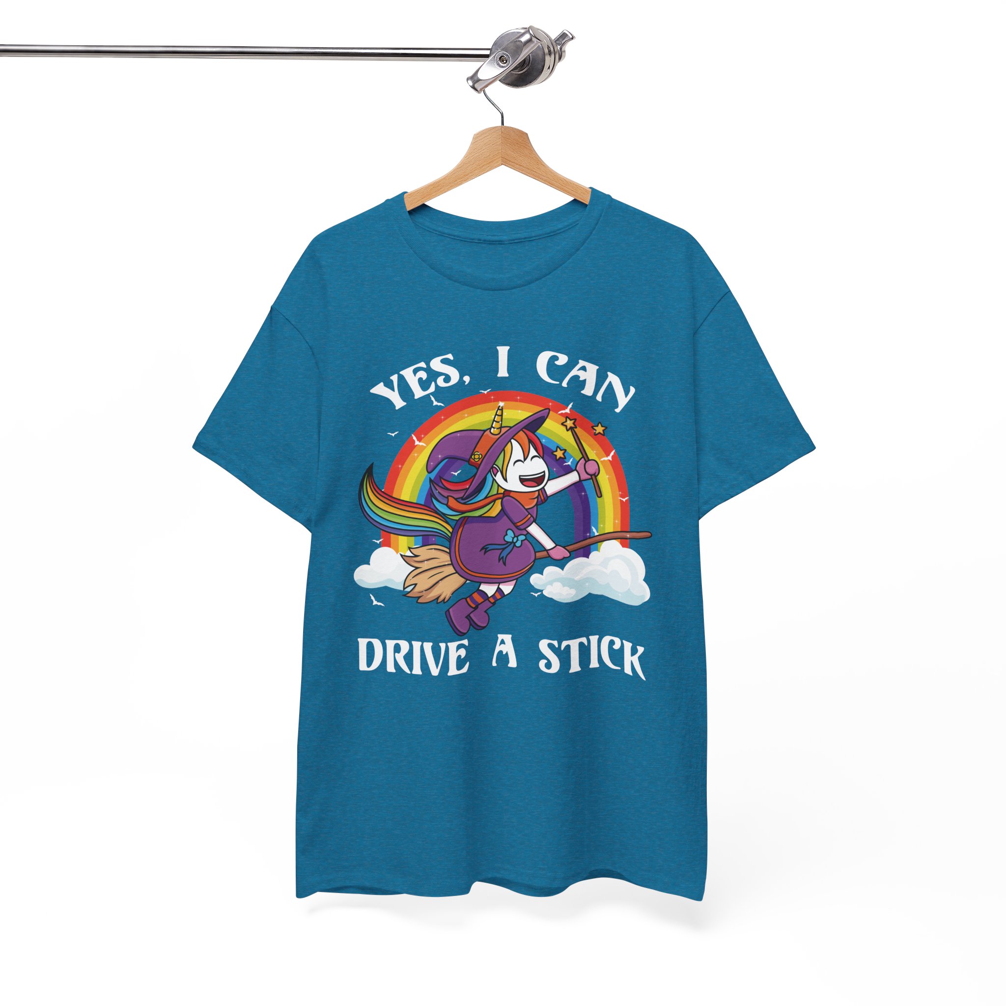 Cute Rainbow Unicorn Witch “Yes, I Can Drive a Stick” Funny Halloween Tee - Image 8