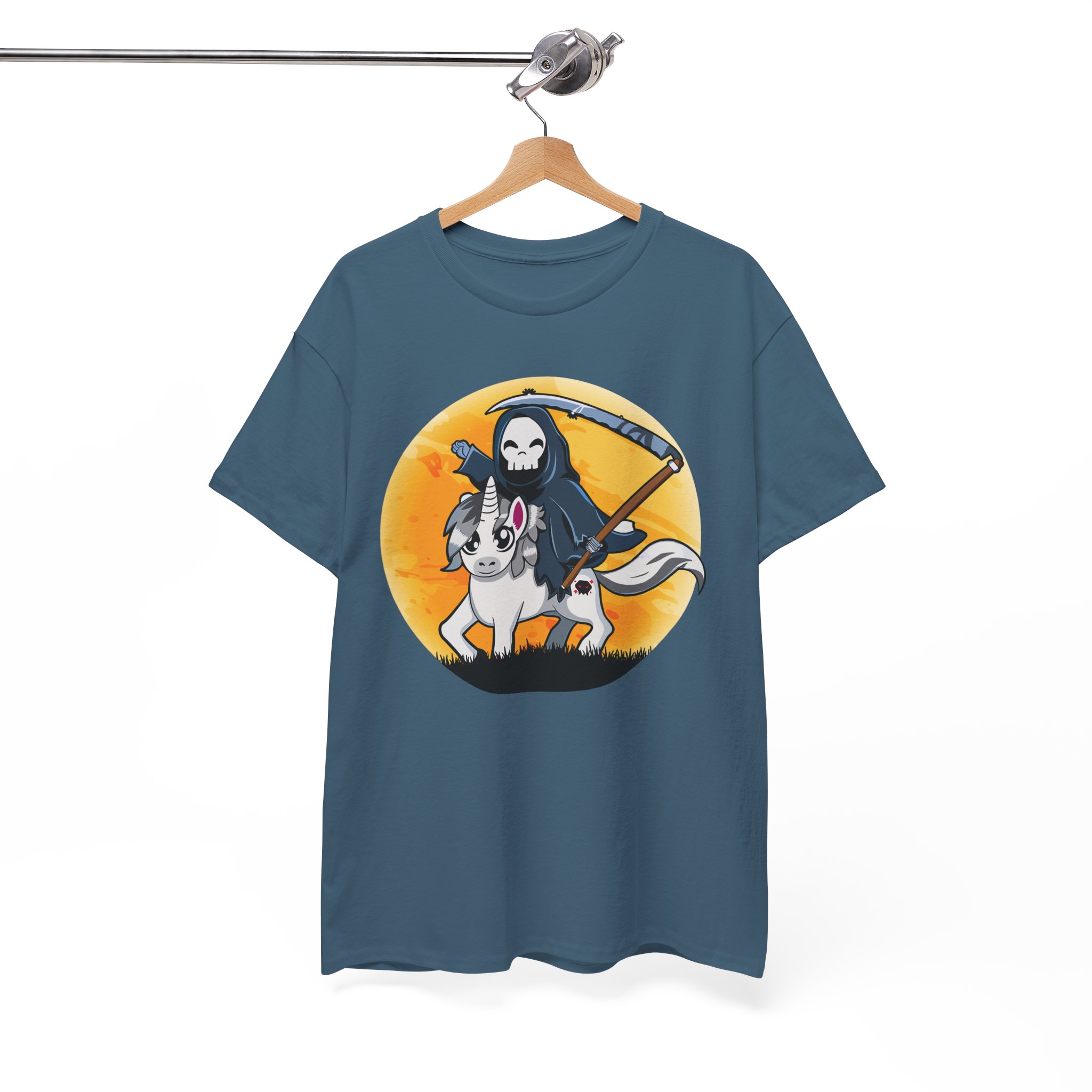 Grim Reaper Riding Unicorn T-Shirt - Cute Dark Fantasy Halloween Tee