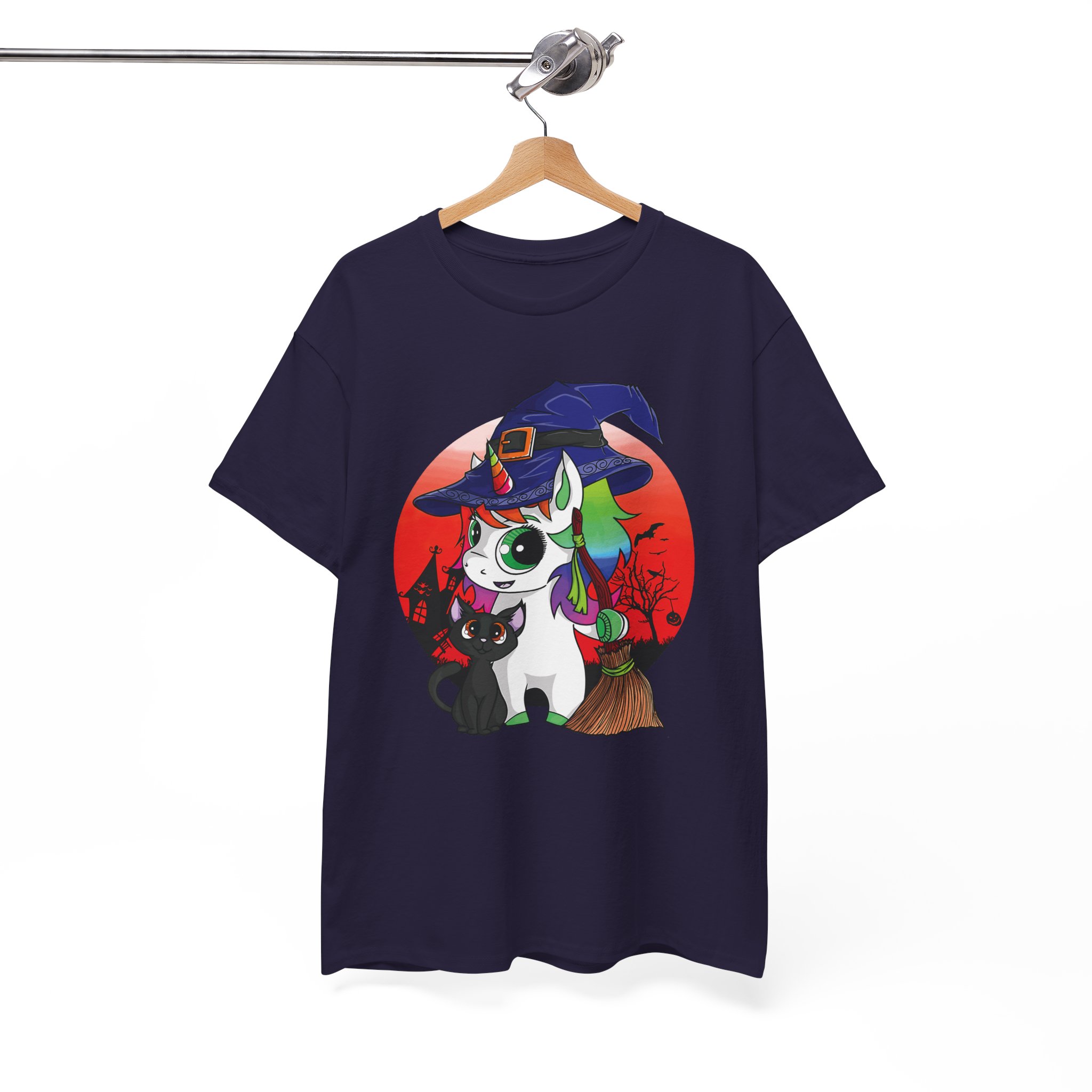 Witchy Unicorn Tee - Cute Halloween Cat & Broom Graphic T-Shirt - Image 13