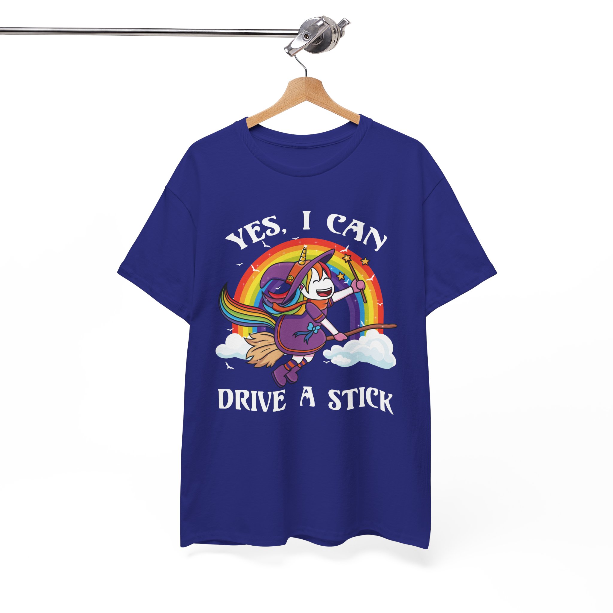 Cute Rainbow Unicorn Witch “Yes, I Can Drive a Stick” Funny Halloween Tee - Image 12