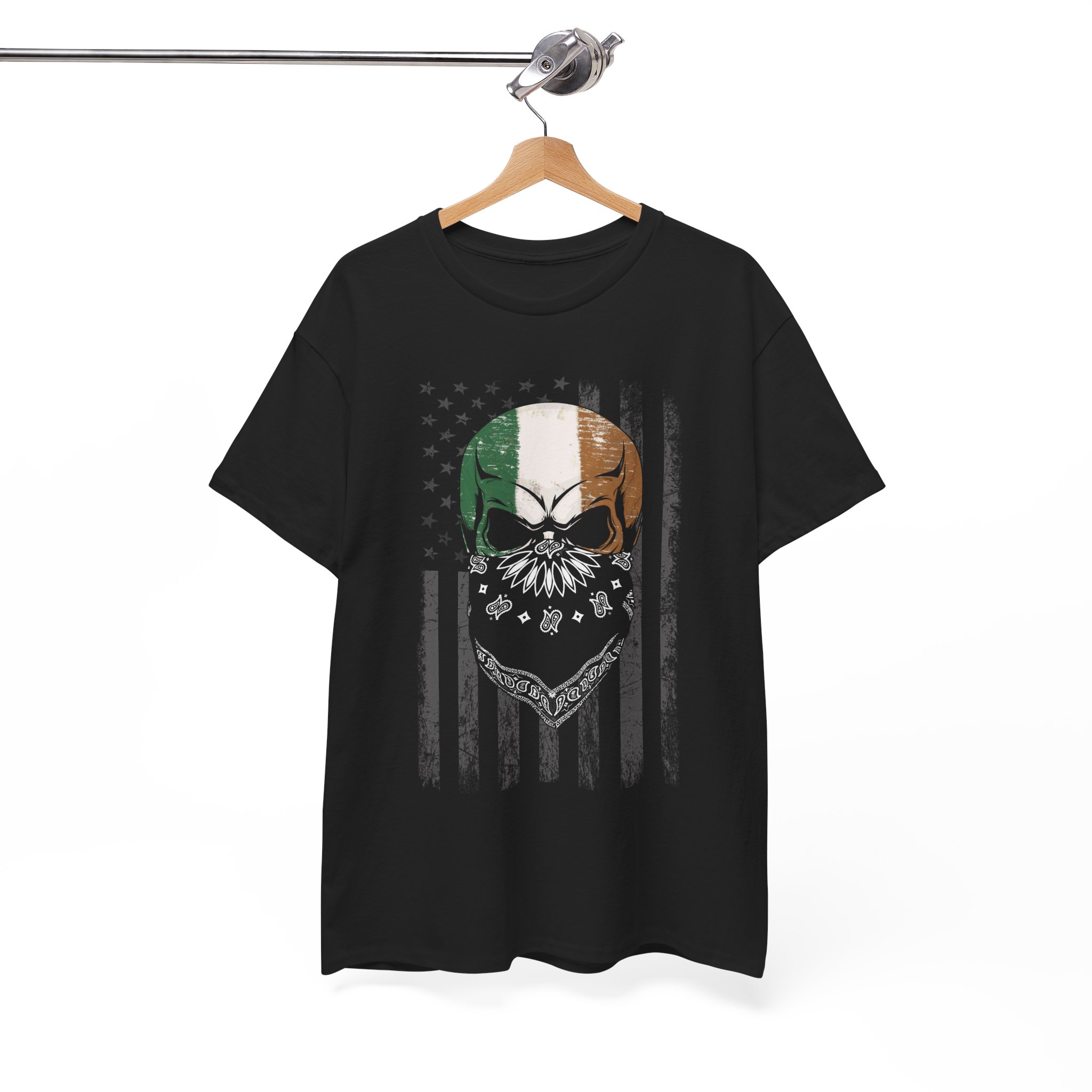 Irish Flag Skull Tee - Bandana Skull with Irish Tricolor and Distressed American Flag