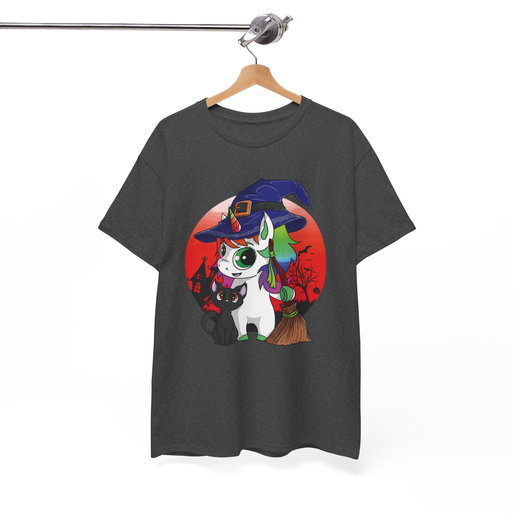 Witchy Unicorn Tee - Cute Halloween Cat & Broom Graphic T-Shirt - Image 6