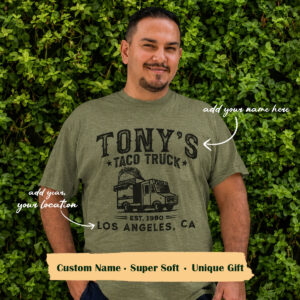Personalized Taco Truck Shirt, Custom Name Taco Lover Gift, Vintage Mexican Food T-Shirt