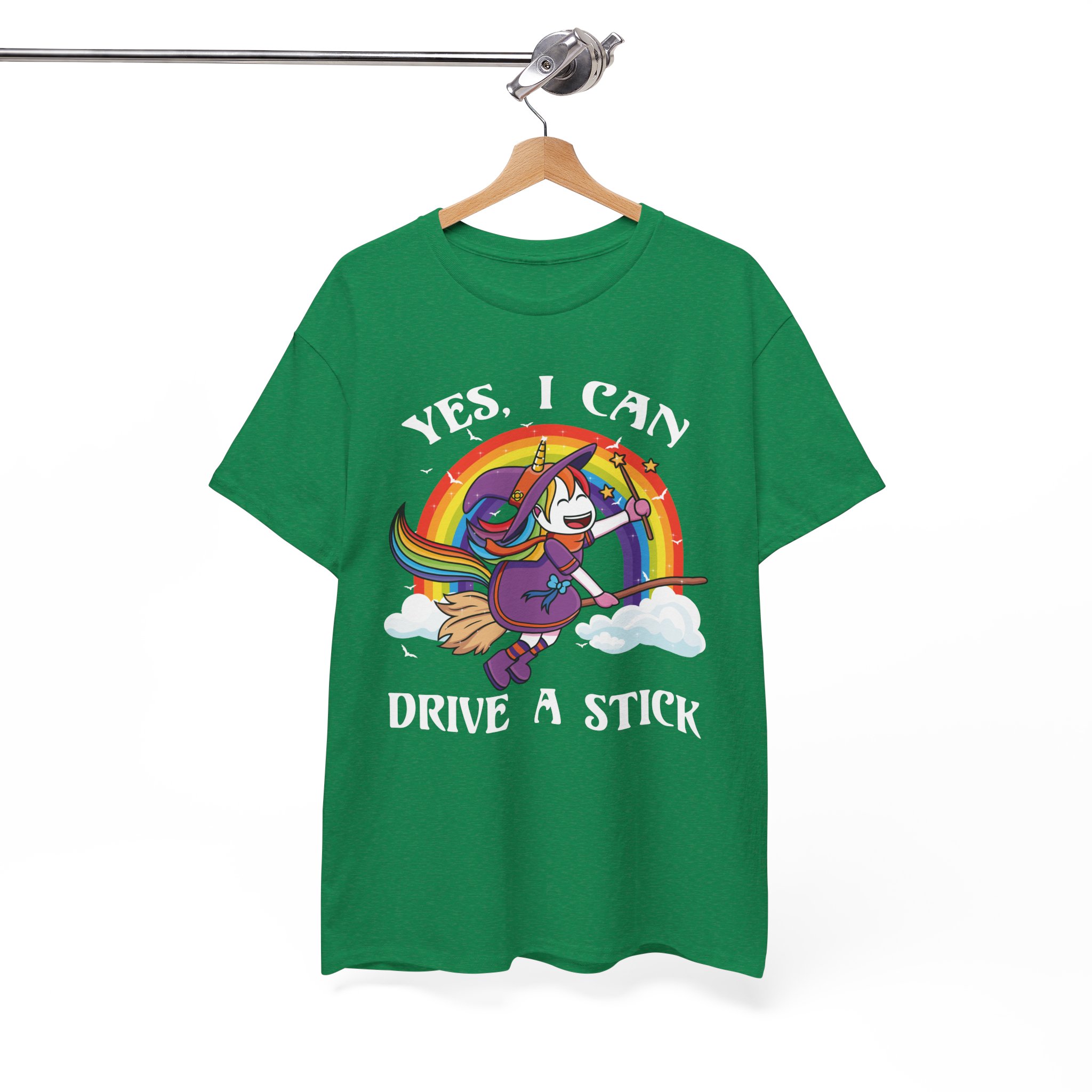 Cute Rainbow Unicorn Witch “Yes, I Can Drive a Stick” Funny Halloween Tee - Image 6