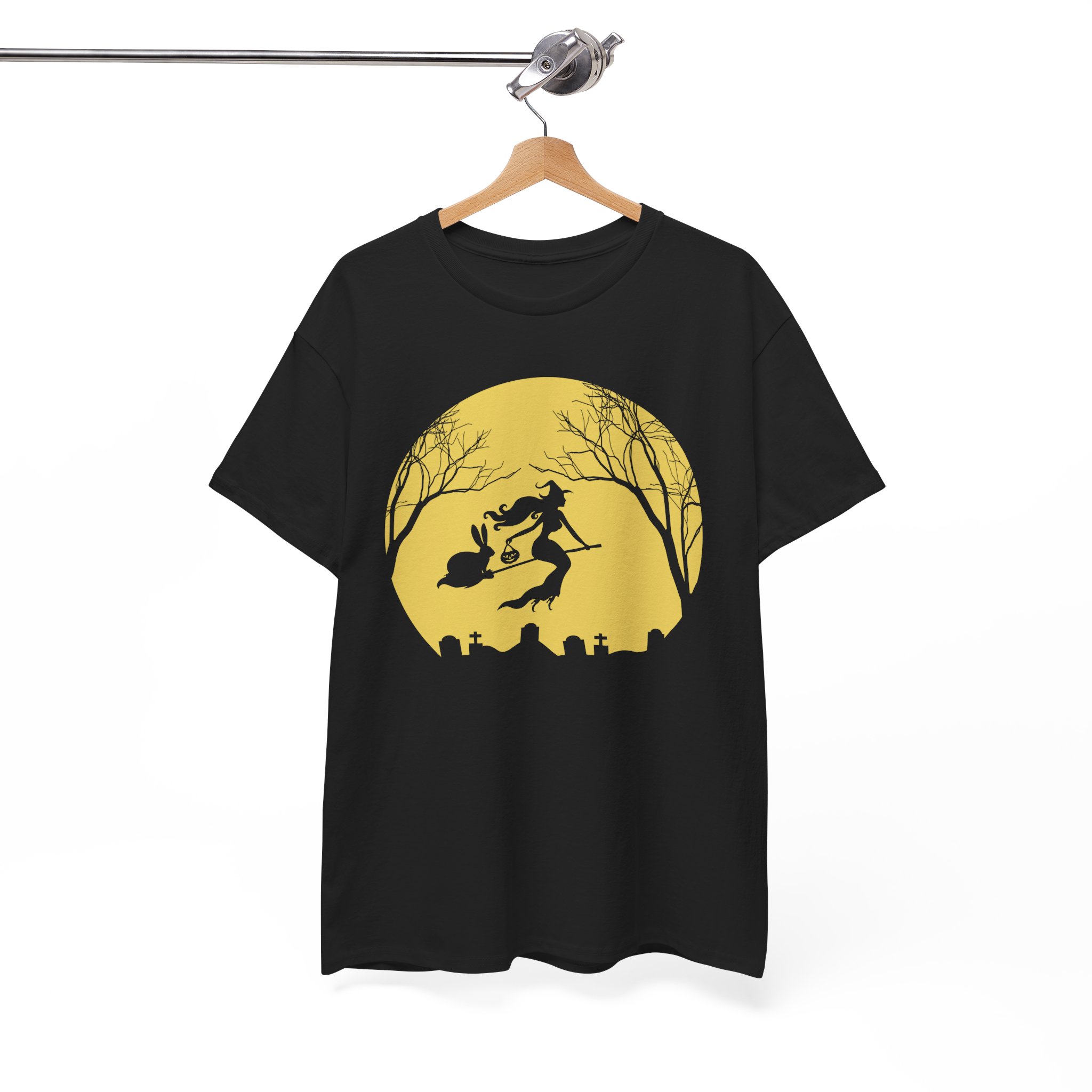 Witch Riding Broom With The Bunny Halloween Tee - Image 3