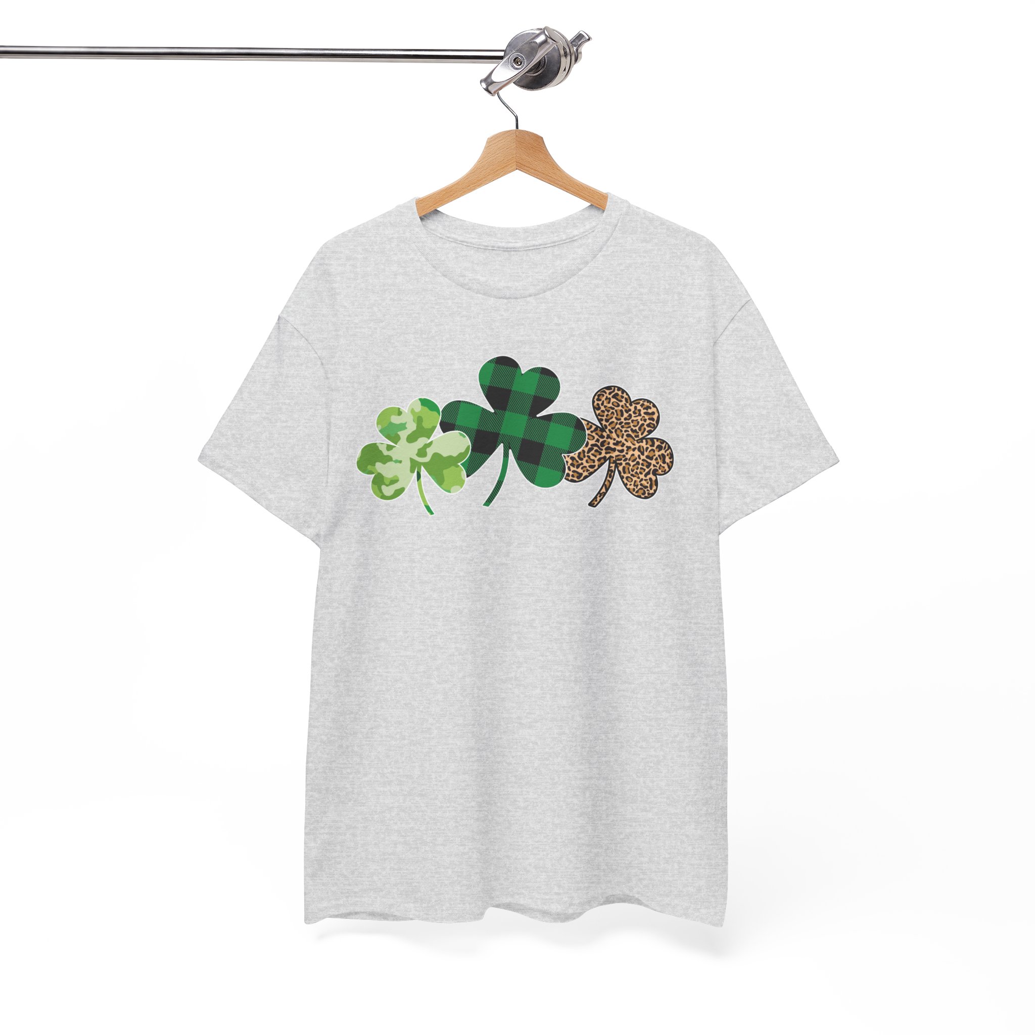 St. Patrick's Day Shamrock Trio Tee - Green Plaid & Glitter Clover T-Shirt - Image 3