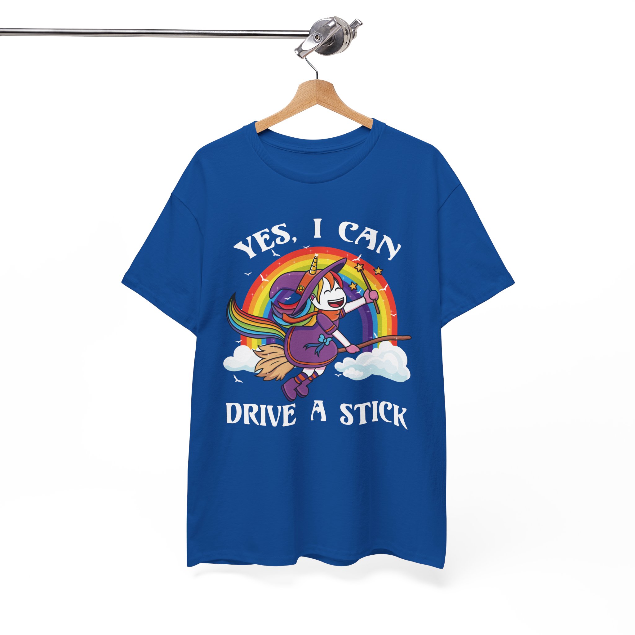 Cute Rainbow Unicorn Witch “Yes, I Can Drive a Stick” Funny Halloween Tee - Image 9