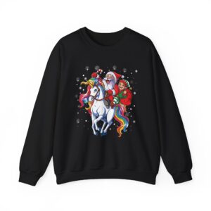 Christmas Santa & Elf Riding Rainbow Unicorn Crewneck Sweatshirt