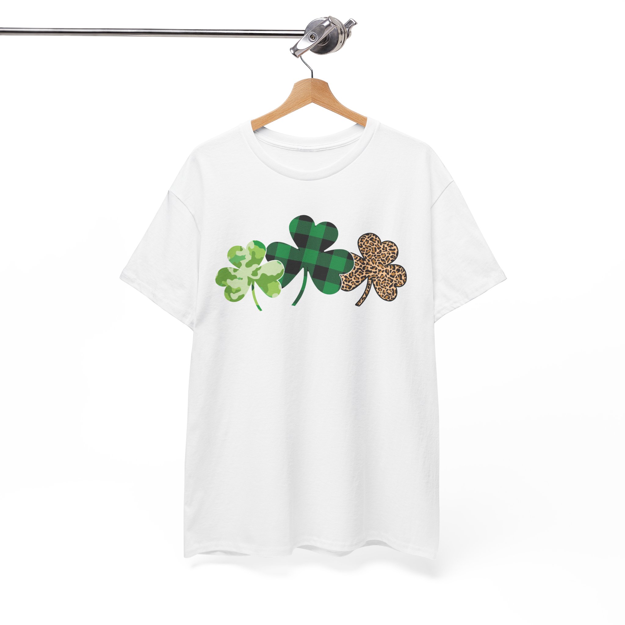 St. Patrick's Day Shamrock Trio Tee - Green Plaid & Glitter Clover T-Shirt - Image 2