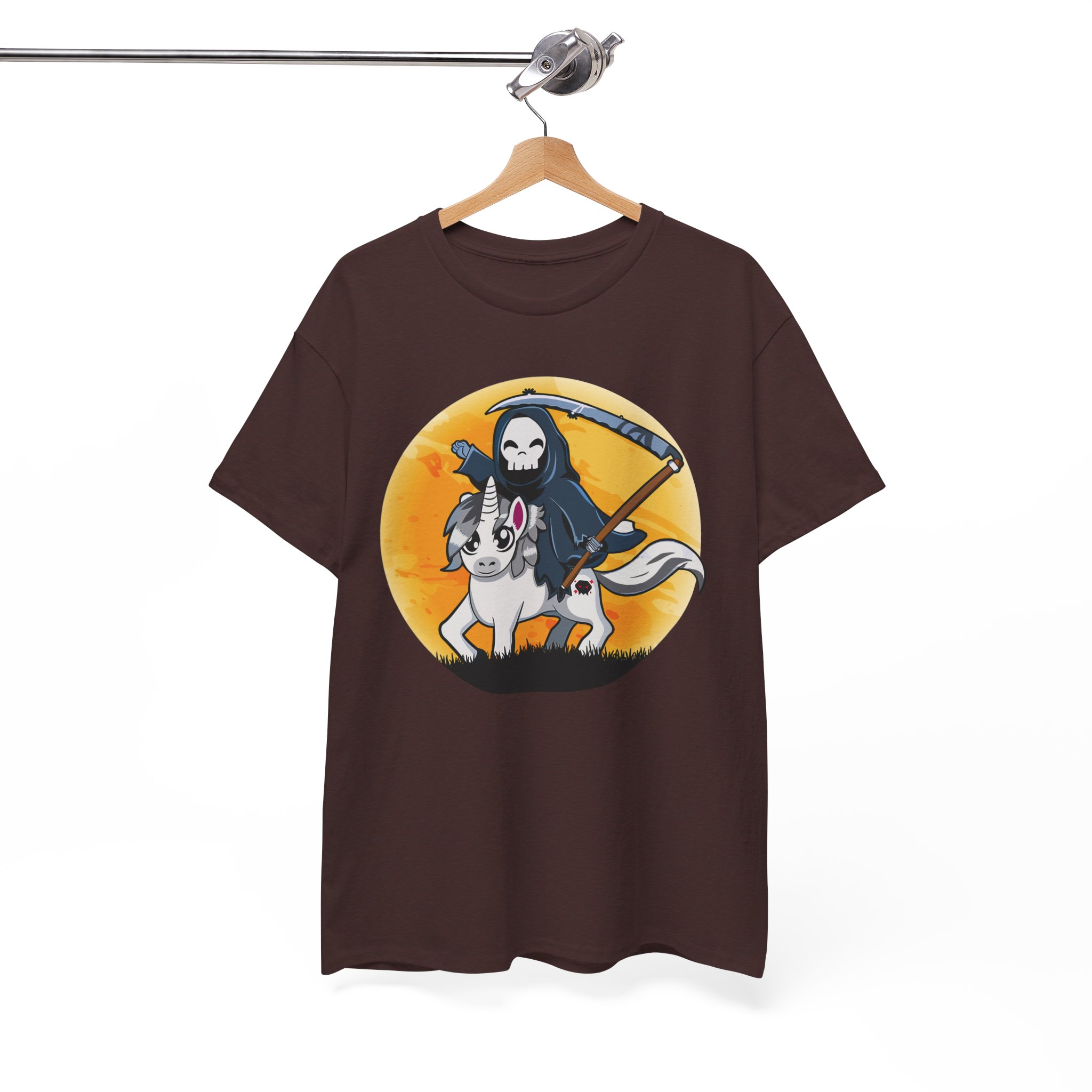 Grim Reaper Riding Unicorn T-Shirt - Cute Dark Fantasy Halloween Tee - Image 2