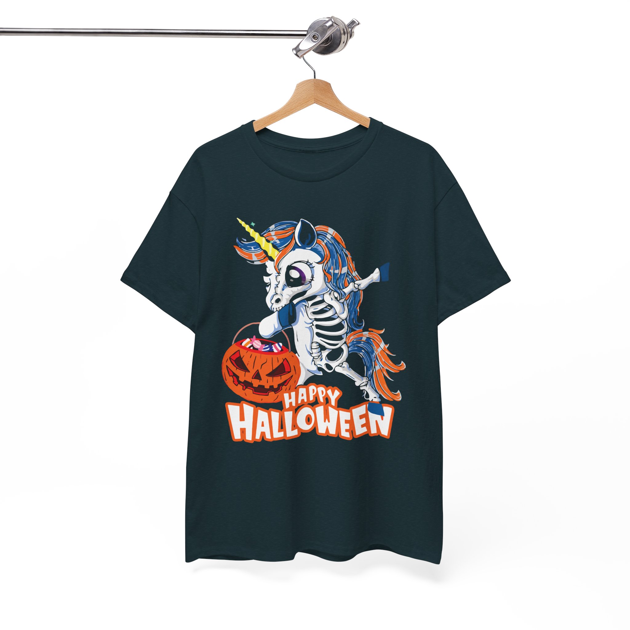 Skeleton Unicorn Halloween T-Shirt - "Happy Halloween" Spooky Candy Pumpkin Tee