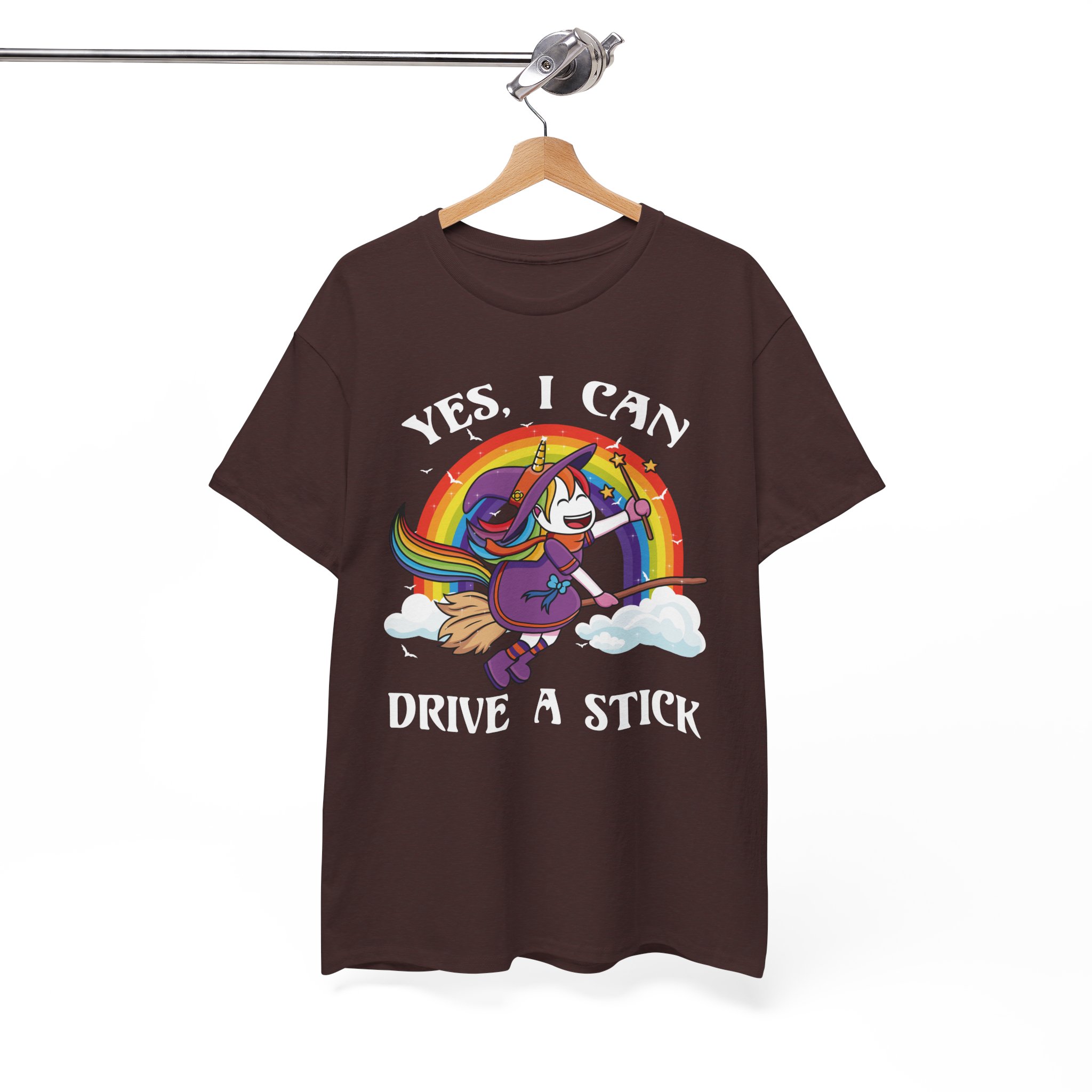 Cute Rainbow Unicorn Witch “Yes, I Can Drive a Stick” Funny Halloween Tee - Image 2